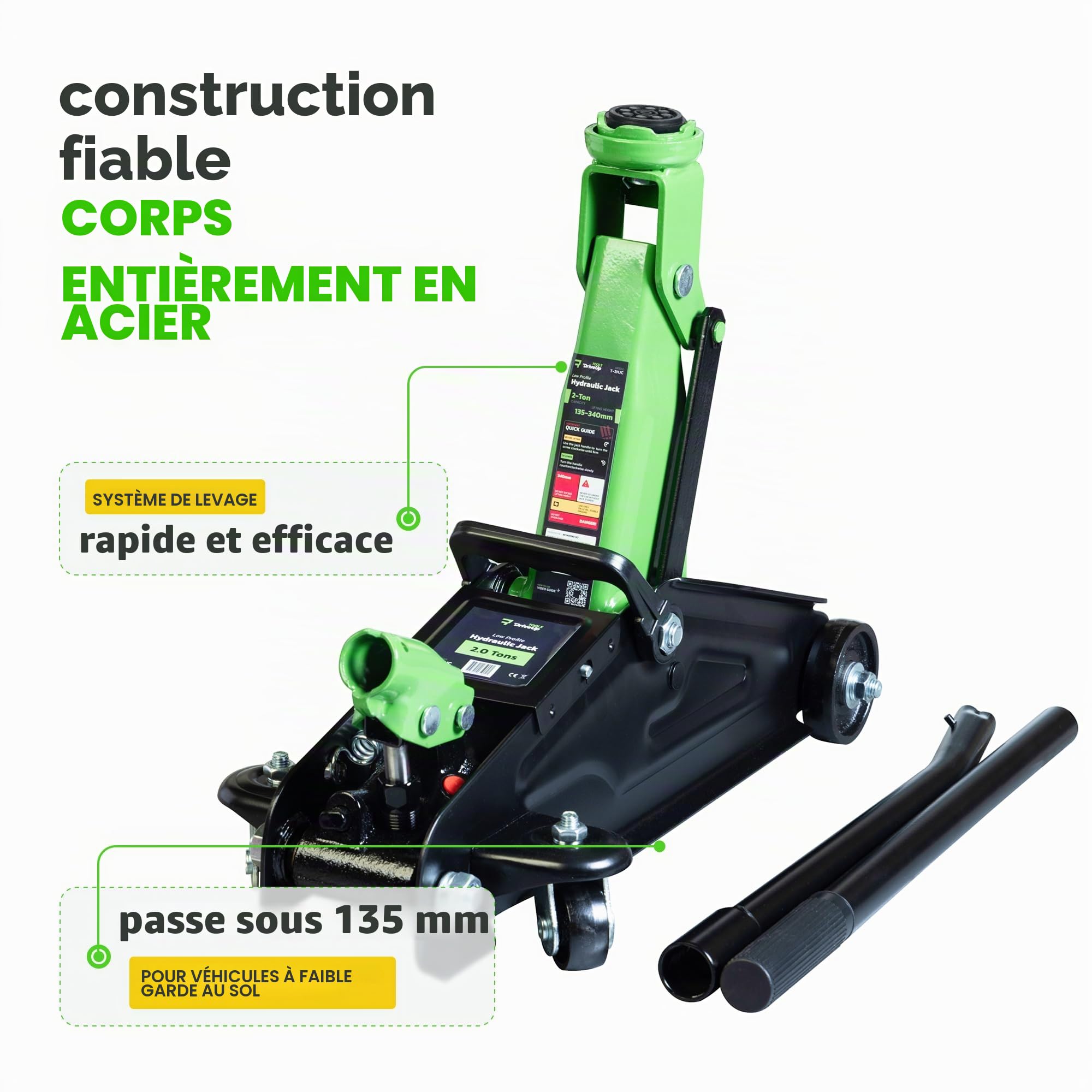 Cric roulant hydraulique de 2 tonnes avec étui de transport – Plage de levage de 13,5 à 34 cm – Cric de voiture compact et robuste pour voitures et SUV – Outil fiable de 2000 kg pour