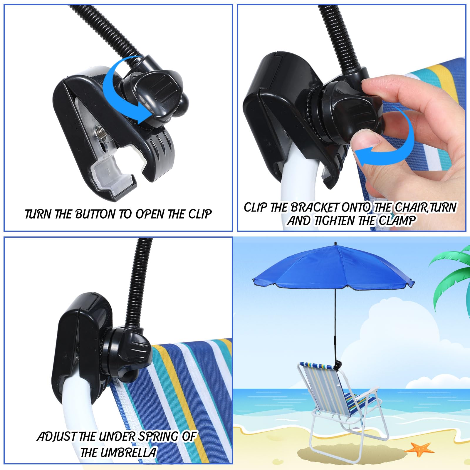 Silkfly Strandkorbschirm mit Universalklemme, verstellbar, UPF 50+, 360° Strandschirm, 96,5 cm, tragbarer Golfschirm für Stuhl, verstellbarer Schirm, für Strand, Camping, Terrasse, 6 Stück