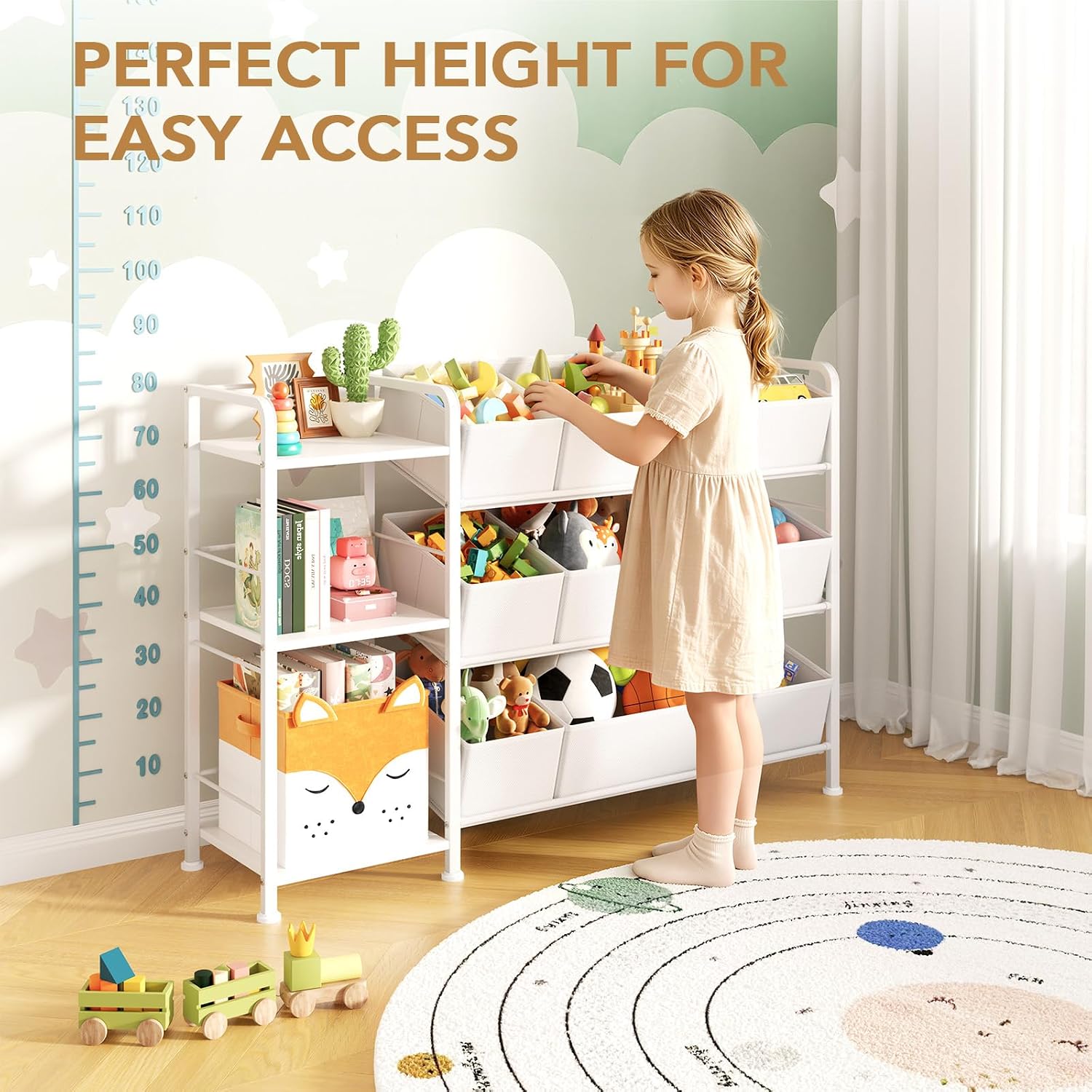BBLIKE Kids Bookshelf and Toy Storage Organizer with 9 Removable Fabric Bins, Toddler Book Shelf & Stuffed Animal Storage Rack for Playroom, Bedroom, Nursery, White