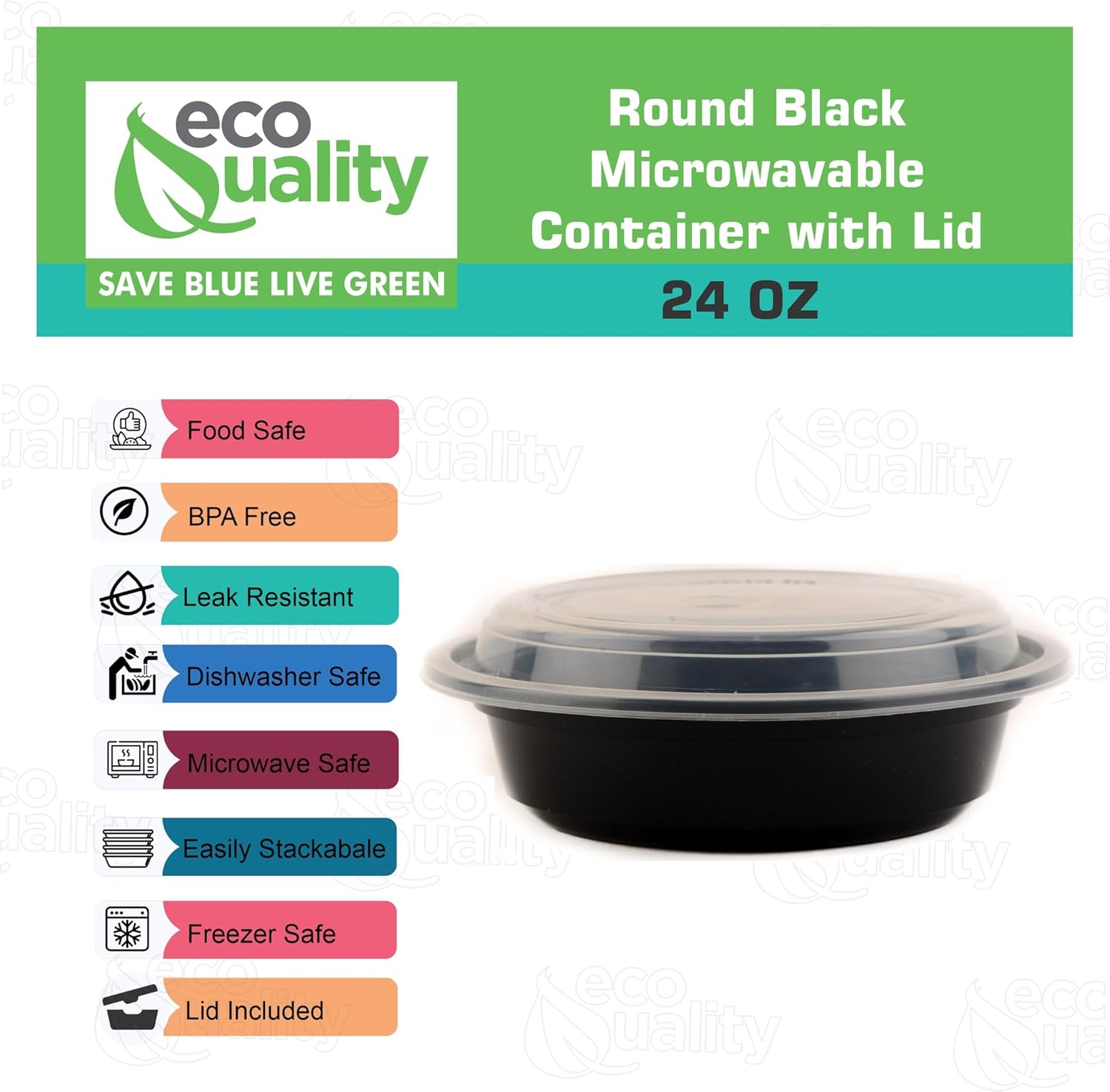 EcoQuality 24 oz Plastic Meal Prep Containers with Lids - Round Food Storage Container Microwave Safe - BPA-Free, Stackable, Reusable, Dishwasher, Freezer Safe, Disposable (Black) (100)