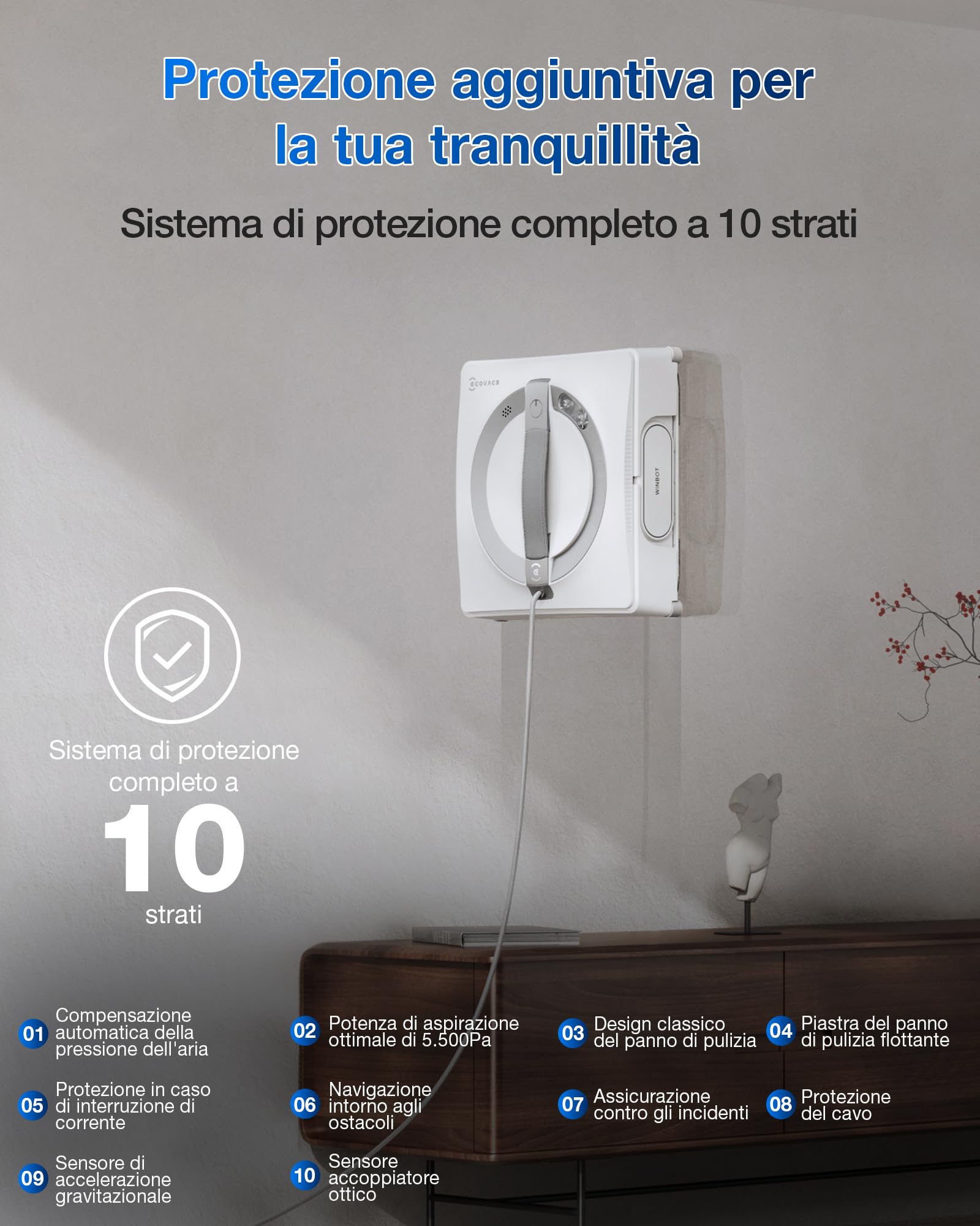 ECOVACS W2 PRO Robot Lavavetri, Robot Vetri con 3 Ugelli Spruzzatori d'acqua, Sistema di Protezione a 10 Livelli, Pianificazione del Percorso WIN-SLAM 4.0, Sistema di Scalata Stabile