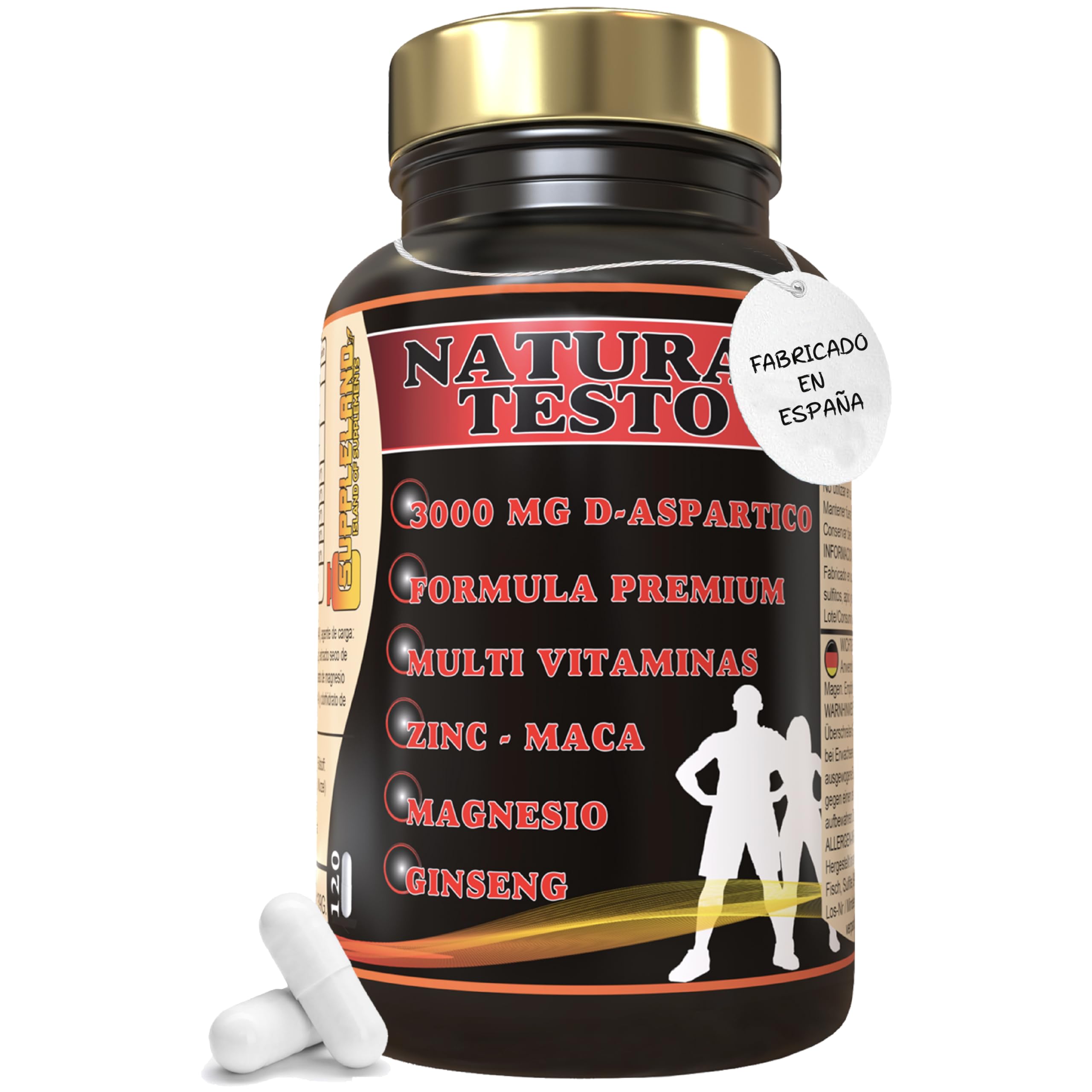 Testosterona Hombre 120 Capsulas - Zinc, Maca, Ginseng, Acido Aspartico y Vitamina D + Energia, Para Perder o ganar masa muscular, Activador Metabolico.