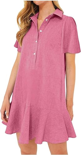 YEXPINE Women's Button Down Shirt Dress Summer Casual Short Sleeve Cotton Linen 