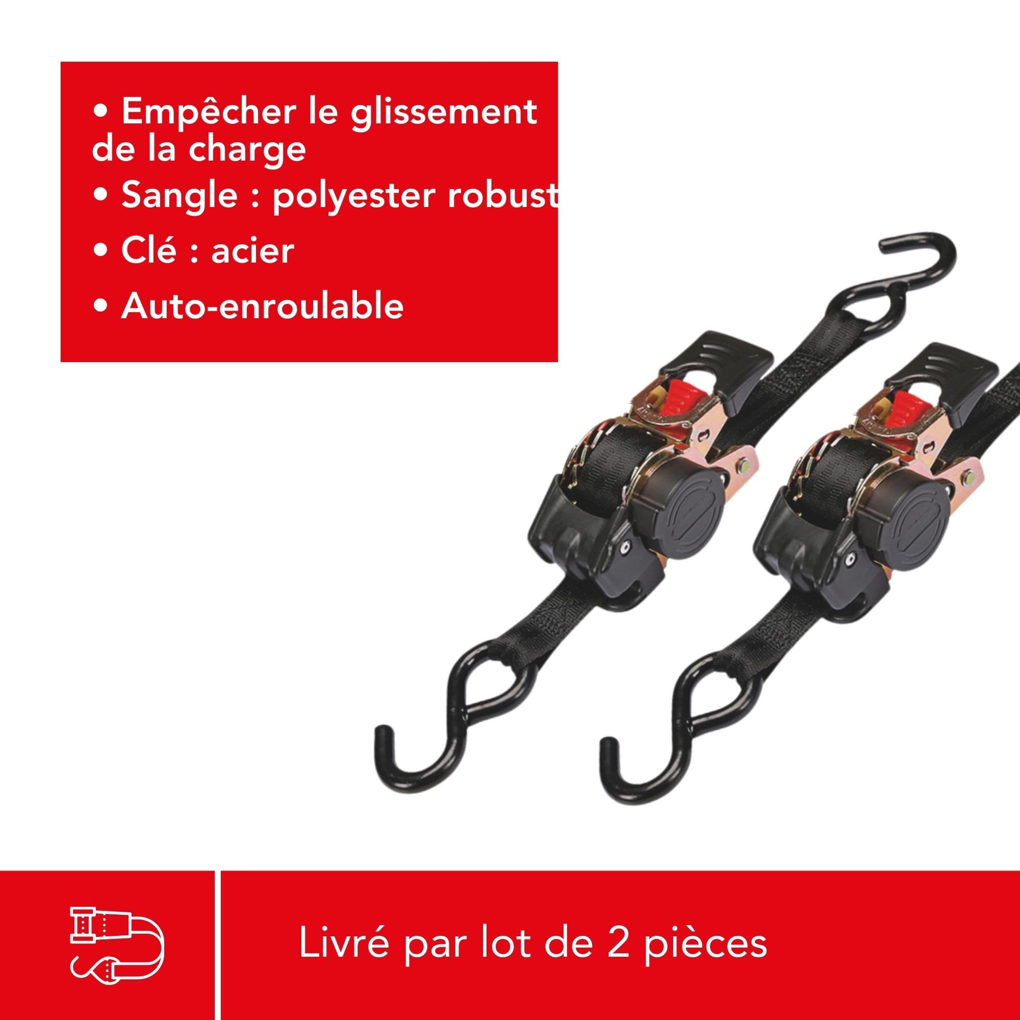 Toolland Jeu de Sangles d'arrimage, en 2 Parties, Lot de 2, avec tendeur à cliquet et Crochets en S, rétraction Automatique, pour l'arrimage des Charges, Max. 300 kg, Polyester, Noir, 25 mm x 3 m
