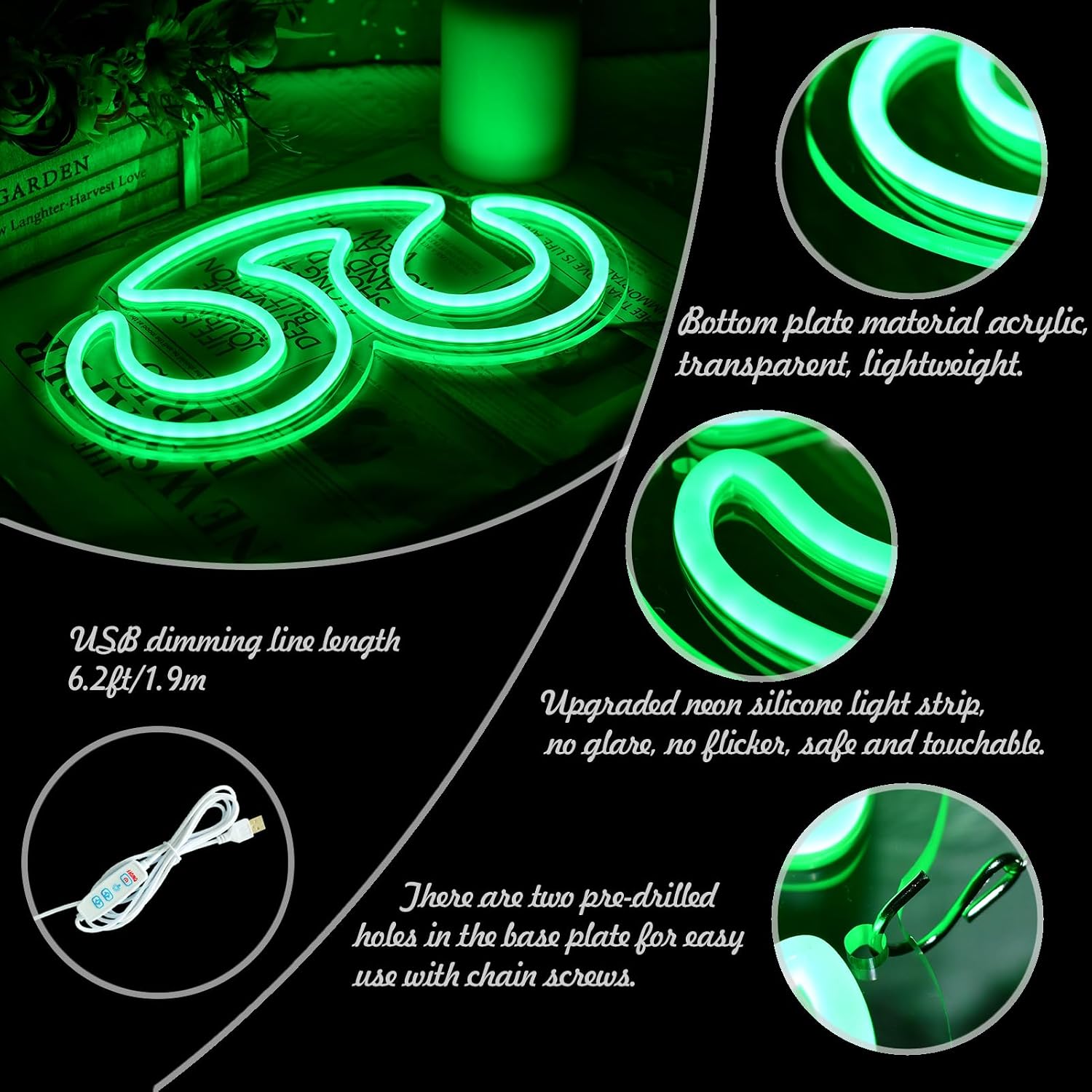 Gaming Scholar Neon Sign for Wall Decor, 12.8" x 7.8 ", Line Length 75", Dimmable, USB Powered, Green Neon Light for Bedroom, Game Room, Birthday Decorations
