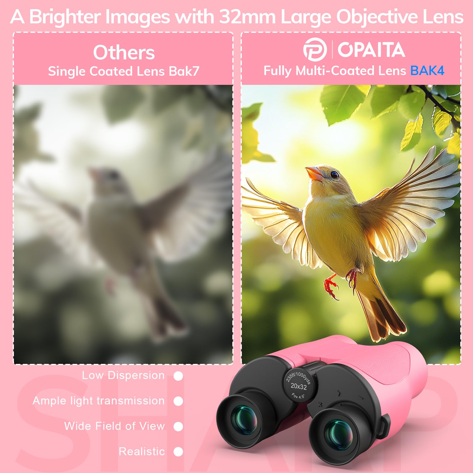Kompaktes Fernglas für Erwachsene, Hochleistungsfernglas, 20x32 Mini-Fernglas für Erwachsene und Kinder mit Sicht bei schwachem Licht, für Jagd, Kreuzfahrten, Reisen, Konzerte, Wandern, rosa
