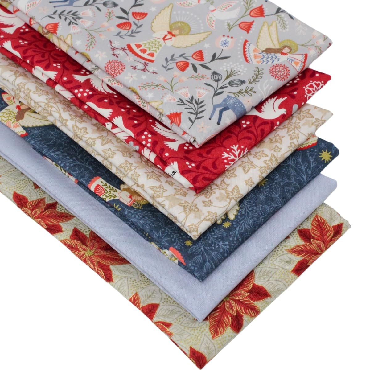 6 Fat Quarters Bundle - 'Christmas Angels' Xmas Fabrics Featuring Festive Angels, Deer, Doves & Foliage 100% Cotton for Quilting, Patchwork & Crafting (with free patchwork pattern by Overdale Fabrics)