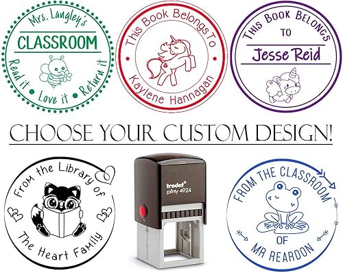 Elige entre más de 100 diseños. El libro pertenece al sello de la biblioteca del aula, sello autoentintado personalizado, etiqueta personalizada
