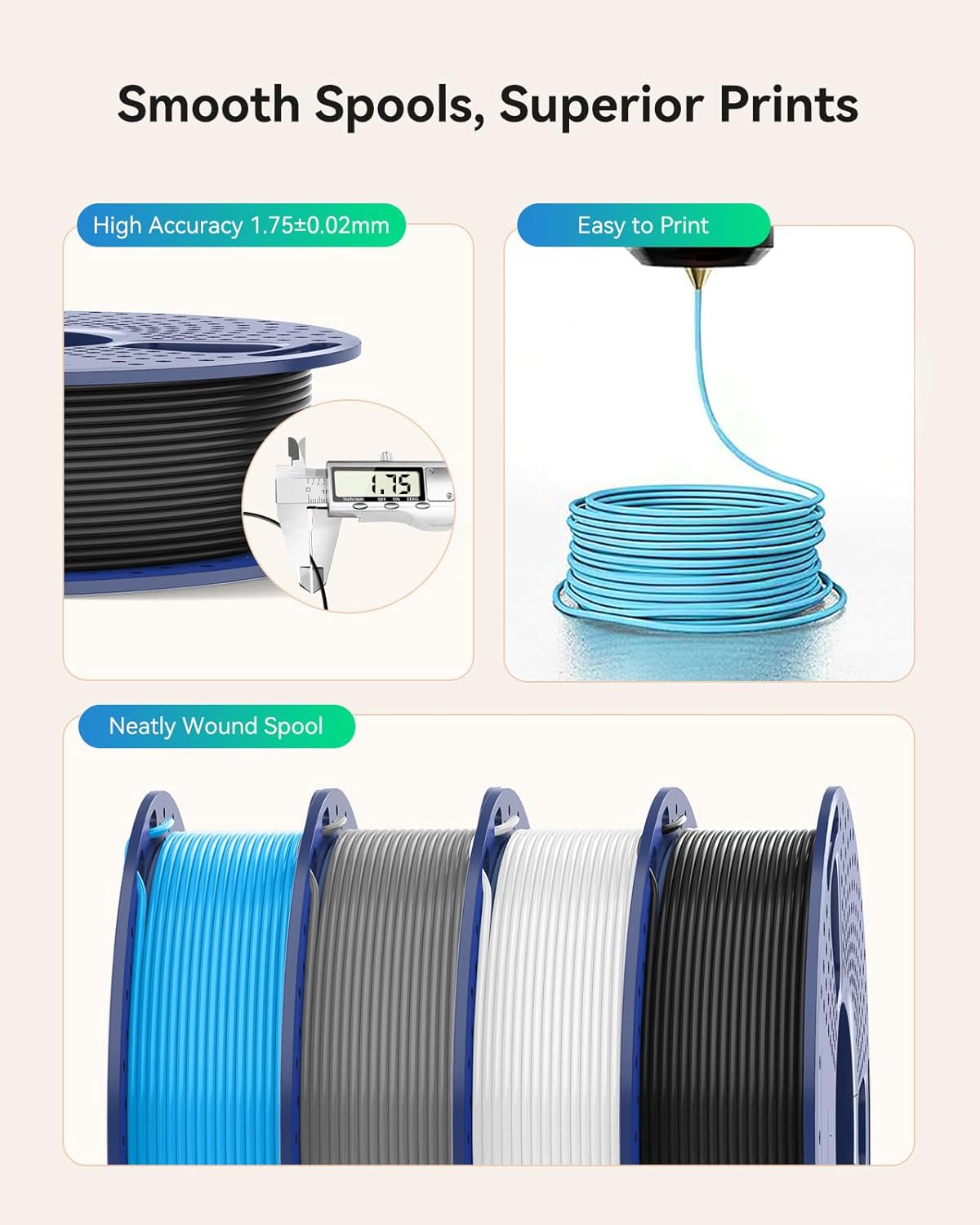 250g PLA+2.0 Filament 1.75mm Bundle,3D Printer Filament Bundle Multicolor, Individually Vacuum Packed,250g Spool,8 Rolls, BoneWhite+Midnight+Red+Yellow+OliveGreen+Blue+Orange+Purple