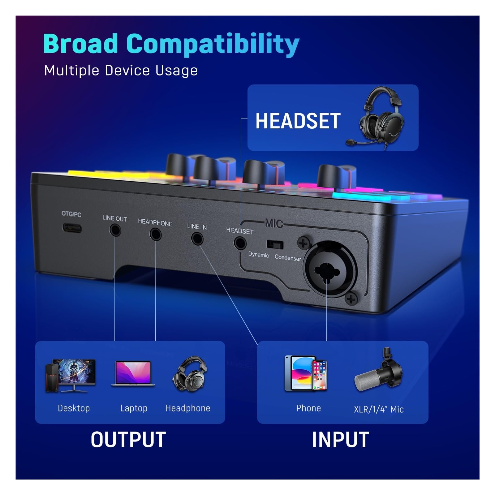 Mixer audio, Mixer Da Gioco, Mixer RGB In Streaming A 4 Canali Con Interfaccia Microfono XLR, For Voce Di Gioco, Podcast(White)