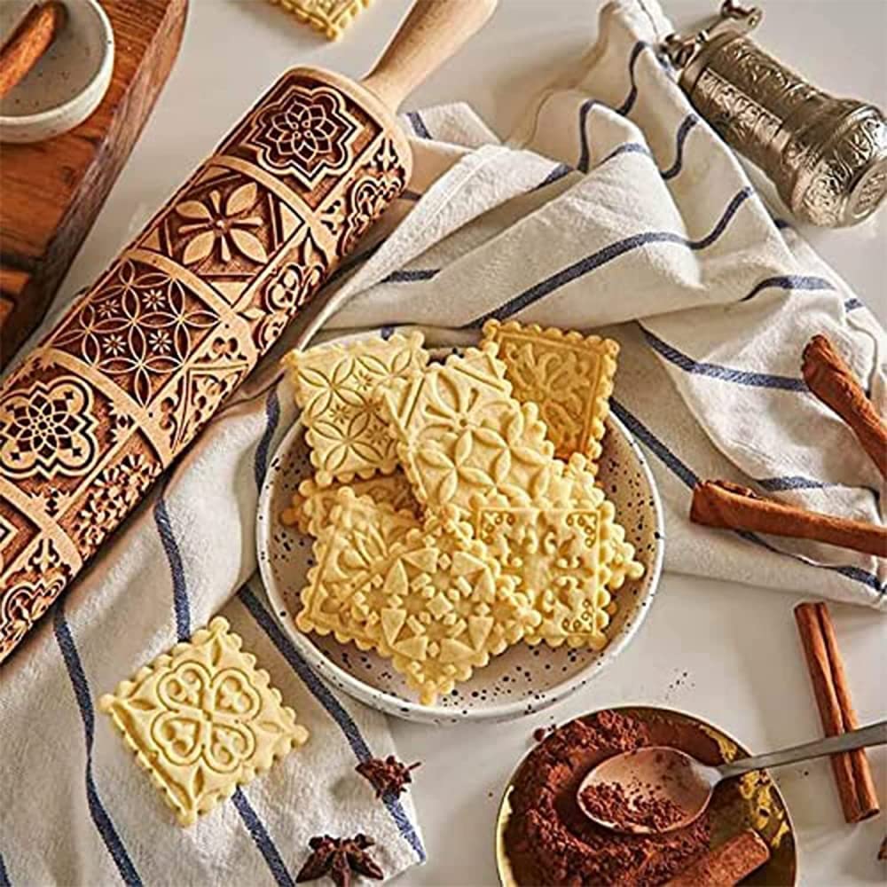 Rodillo de Madera para Hornear Repujado, Rodillo de Sello de Galletas, Cuadrado, Molde de Galletas, Herramientas de decoración de Cocina (2 Piezas)
