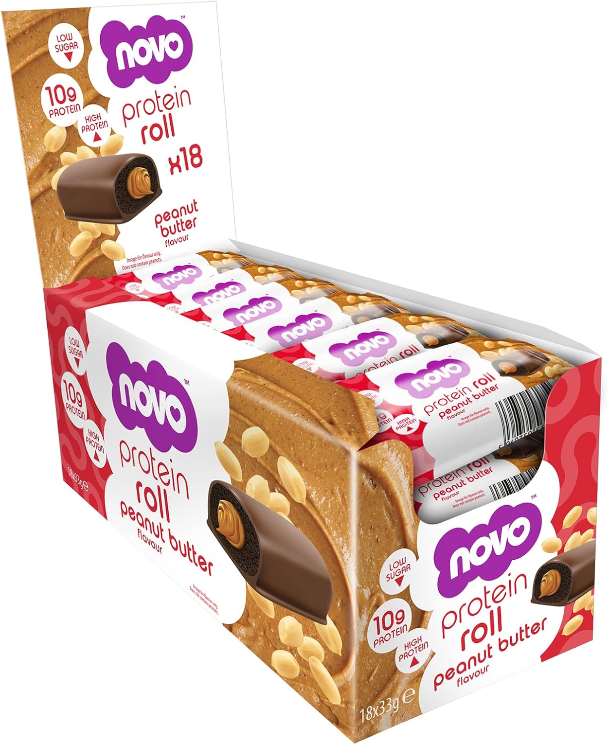 Novo Nutrition Protein Rolls, Pack of 18 x 33g Protein Bars, Peanut