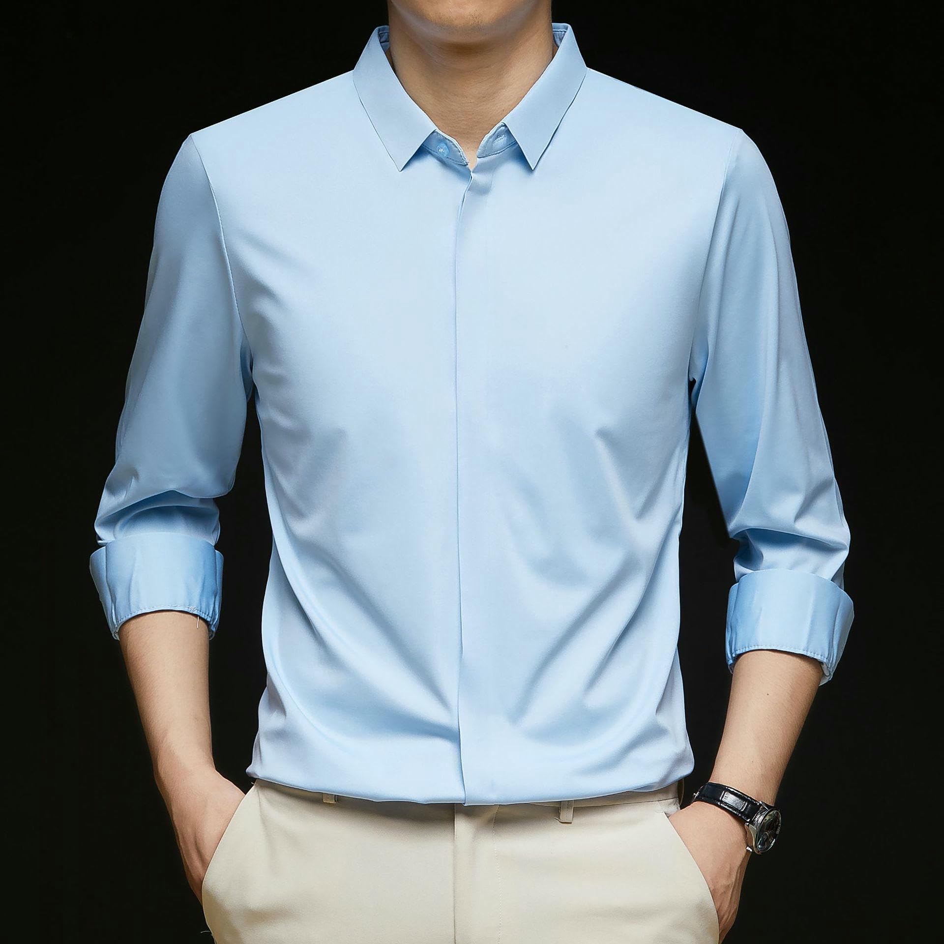 Camisa de manga larga para hombre, para primavera, otoño, color liso, con solapa, seda, sin costuras, informal, elástica, para hombre