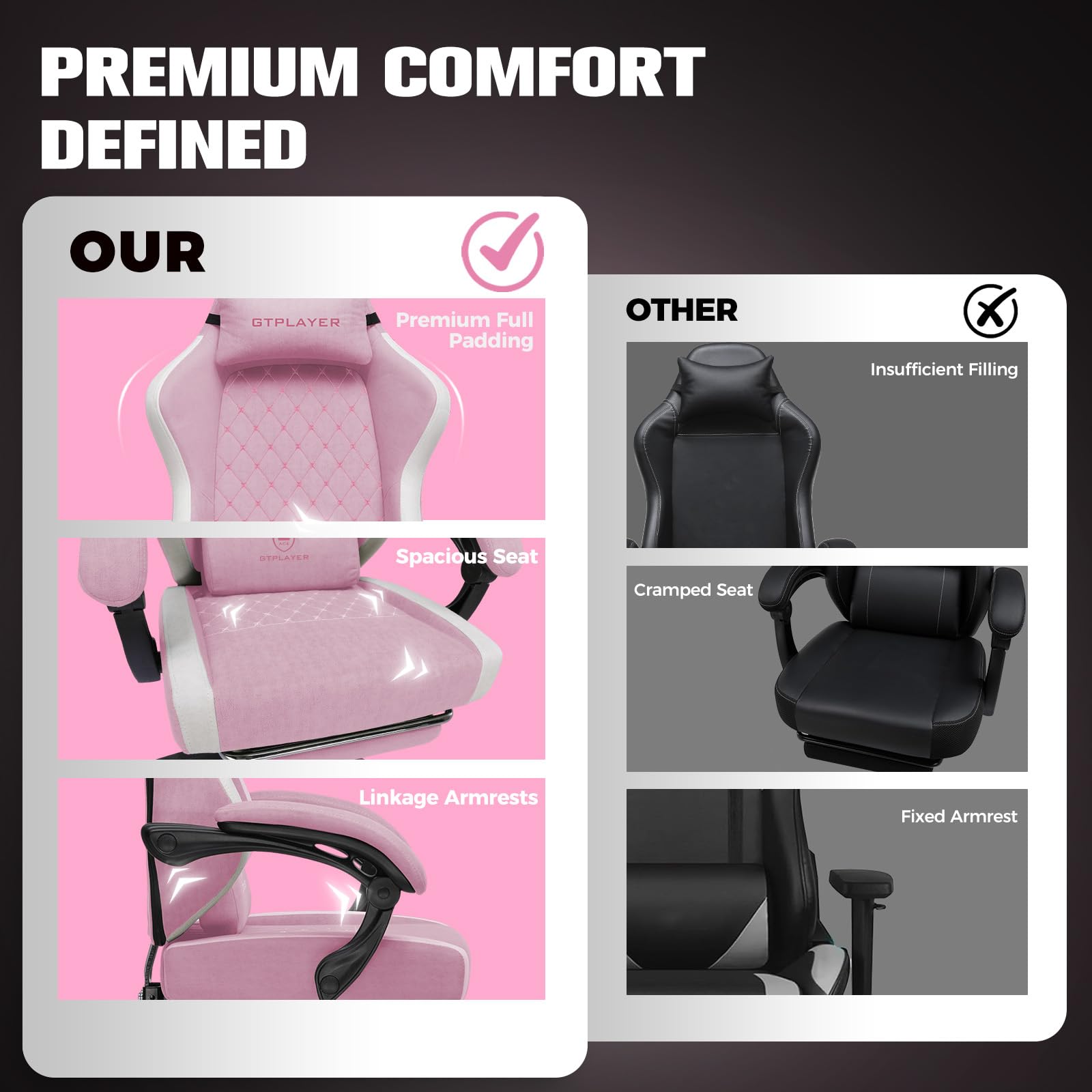 GTPLAYER Silla de Gaming ergonómica, Silla de Oficina de Tela Transpirable, Grande y Alta, giratoria, con reposapiés, Soporte Lumbar Regulable y reposacabezas, Rosa