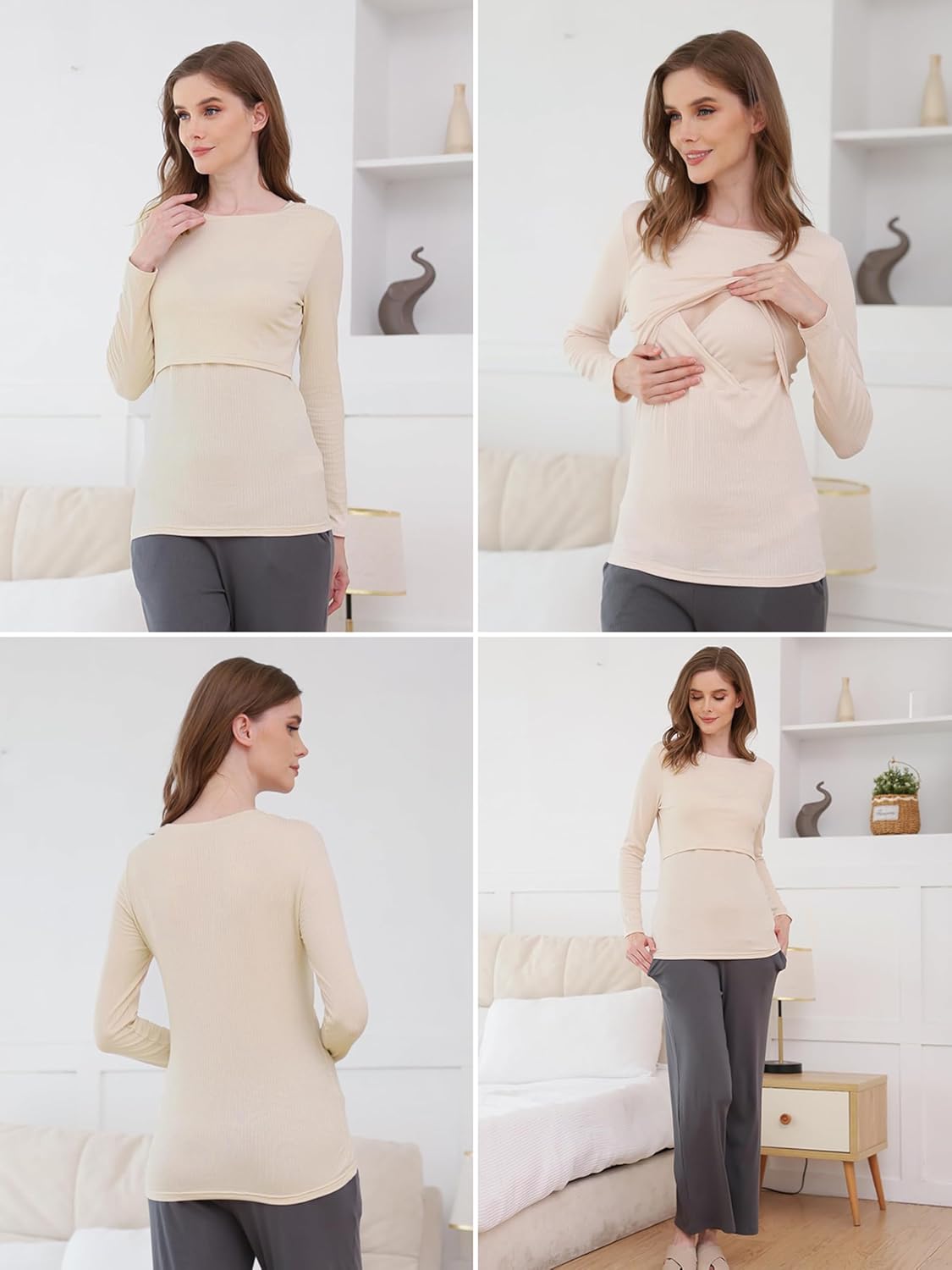 Liu & Qu Women's Nursing Tops Ribbed Long Sleeves Maternity Shirts Double Layer Breastfeeding Shirts Pregnancy Clothes 3 Pack - Image 4