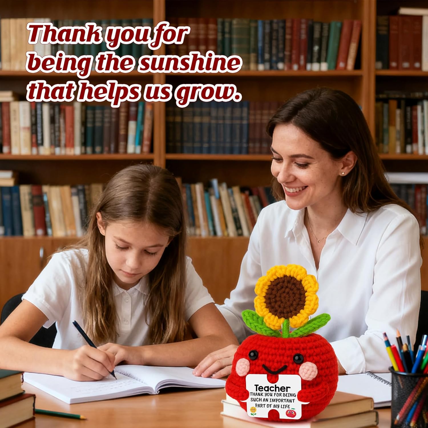 XgiftCreat Appreciation Valentines for Teacher Gifts - Funny Crochet Apple Sunflower Gifts Valentine's Day for Teachers Women, Thank You Teachers End of Year Last Day Gift Christmas Stocking Stuffers - Image 5