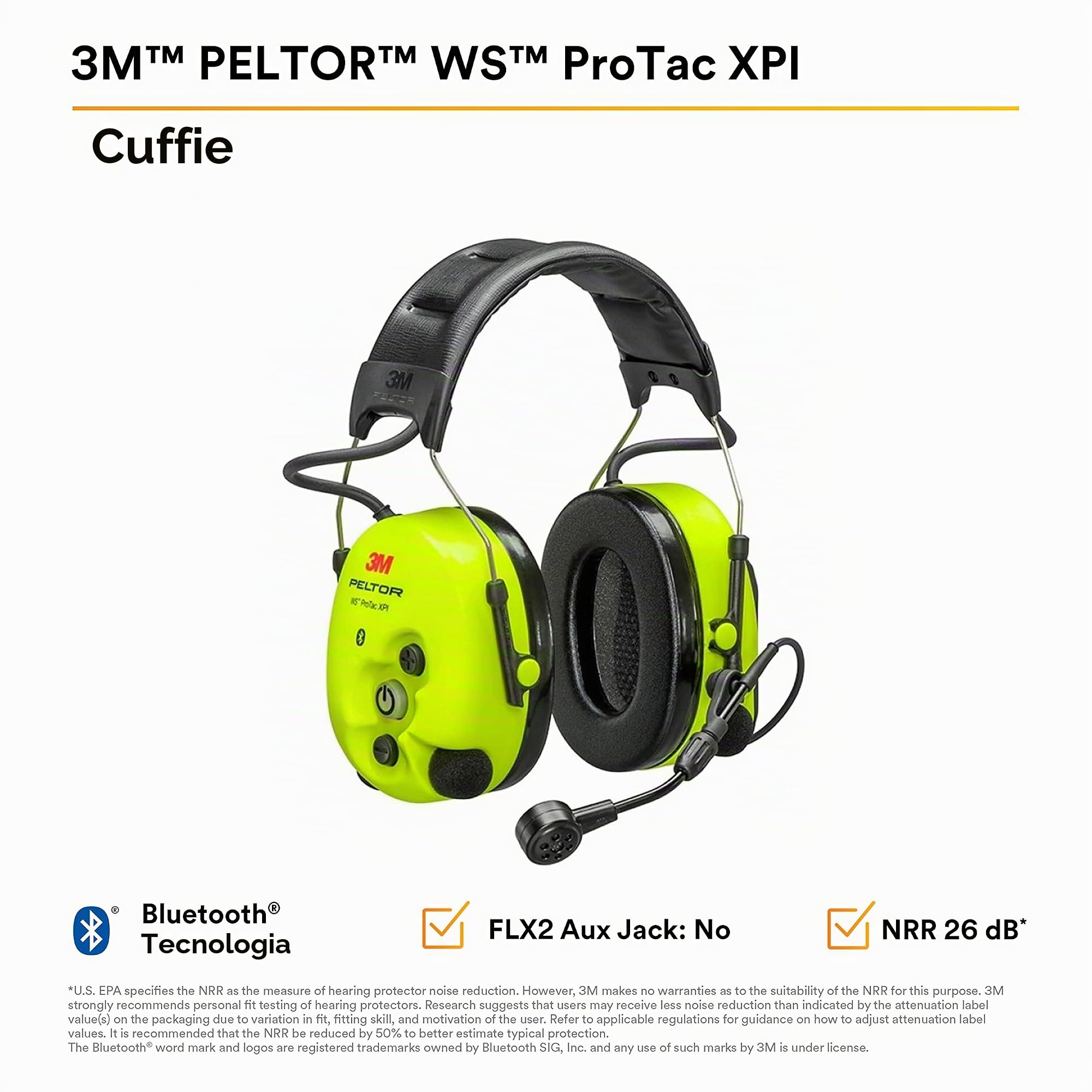 Peltor Cuffia 3M WS ProTac XPI, bardatura temporale, MT15H7AWS6 | con tecnologia Bluetooth e funzione di attenuazione controllata, giallo