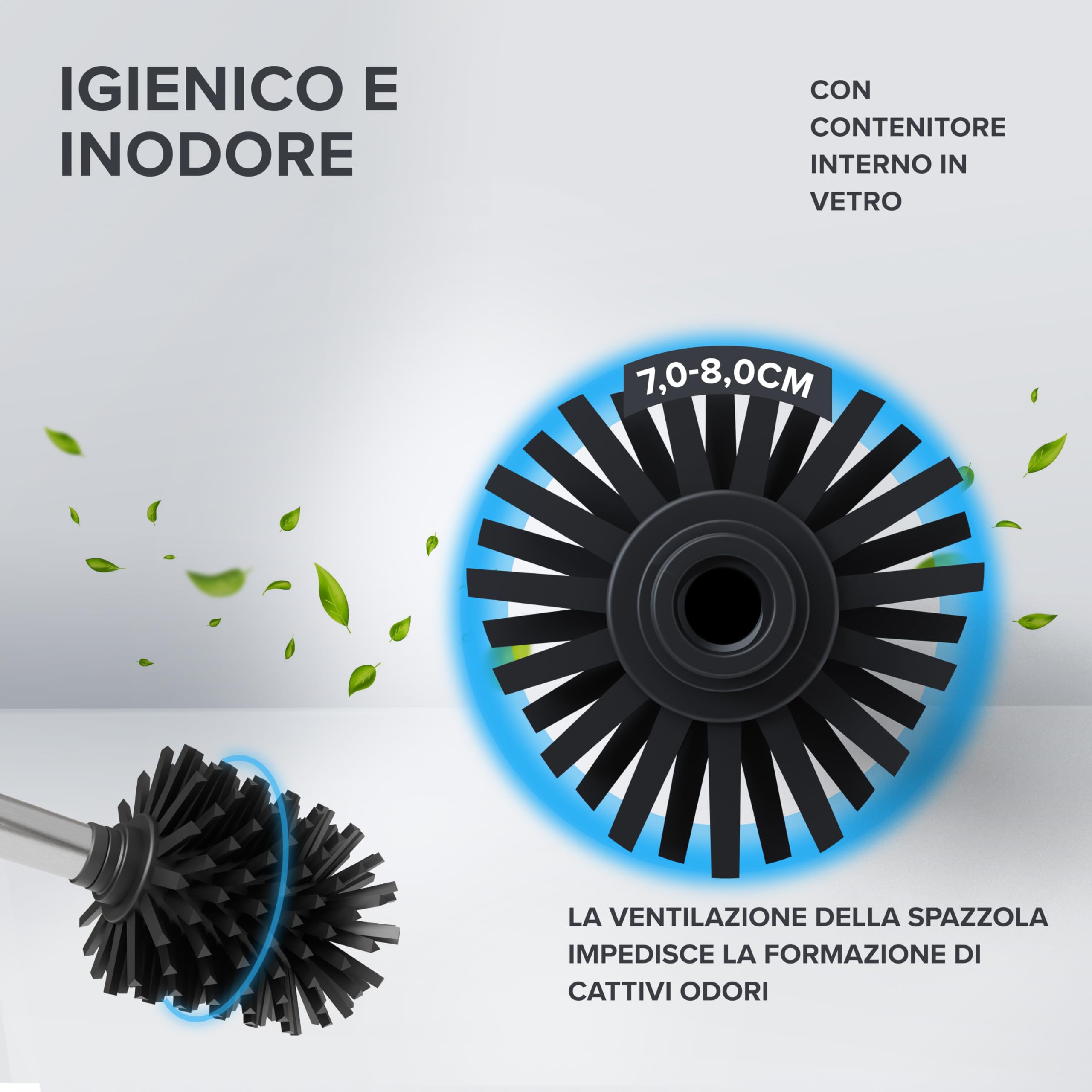 ovimar spazzola di ricambio Vesborg |set di 2 manici e 2 testine | argento | manico in acciaio inox | spazzola per WC con testina in silicone in nero | spazzola per WC con testina sostituibile