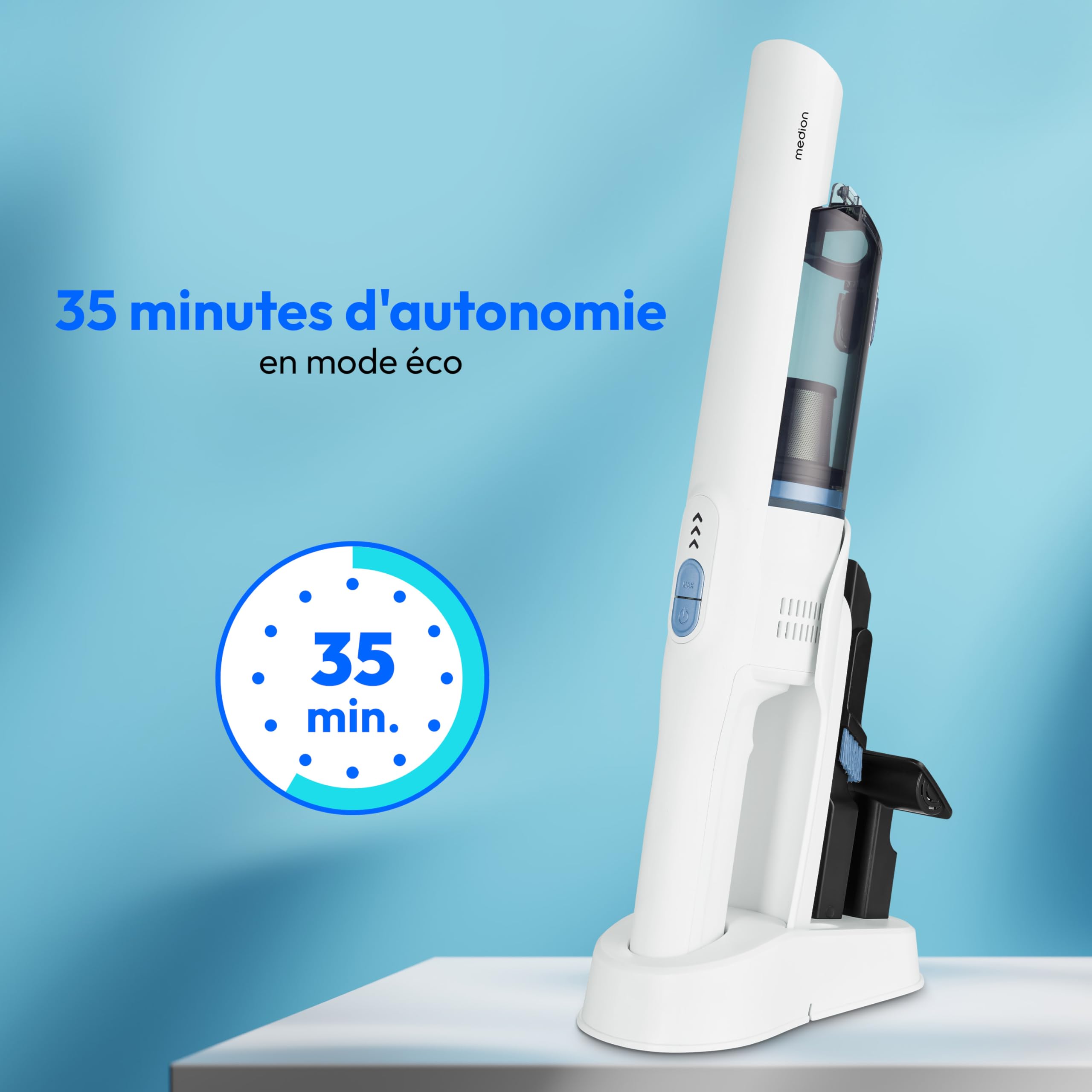 MEDION Aspirateur à Main (Moteur BLDC, Filtre HEPA 13, Filtration poussières allergènes, Puissance d’Aspiration 20 kPa, Batterie, Station de Charge, sans Fil, MD12057), Blanc