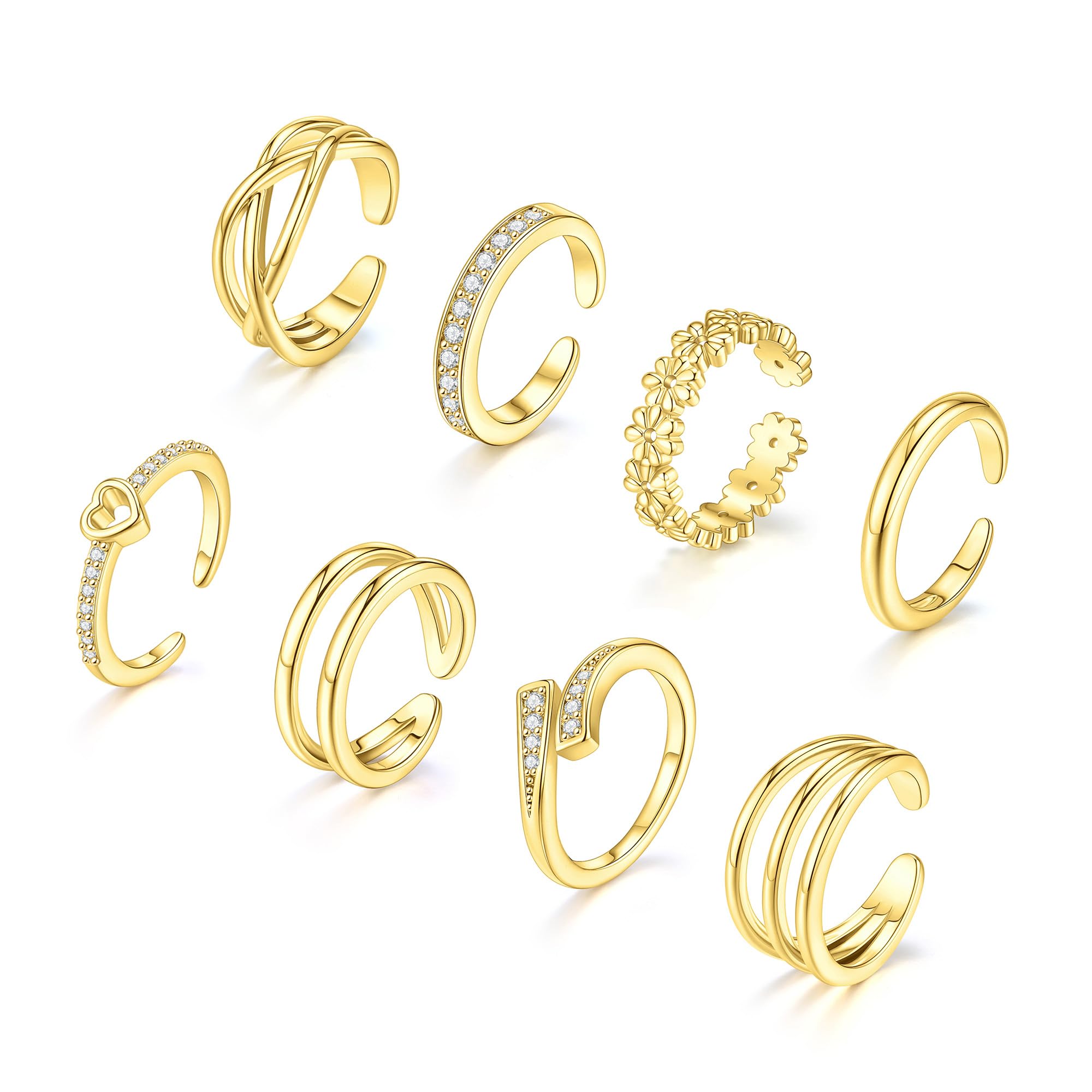 Toe Rings for Women No Tarnish Easy Open Adjustable Strap Toe Rings Set Beach Foot Toe Ring for Summer 8 Pieces Metal Cubic Zirconia-image-28