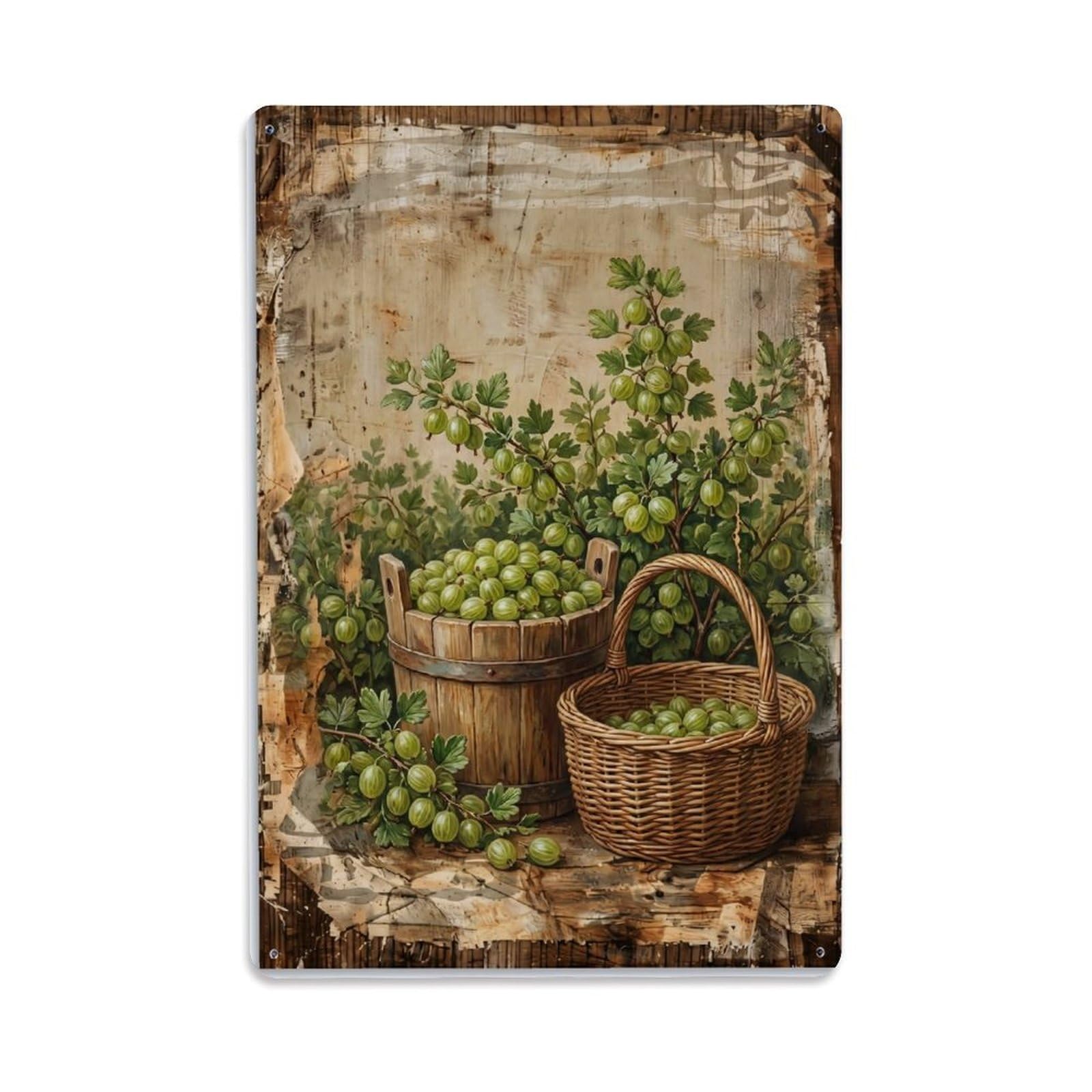 Gooseberry Field Harvest Green Berry Countryside Bush Vintage Metal Tin Sign Plaque Wall Decor for Cafe, Club, Garden Metal Poster 8x12Inch
