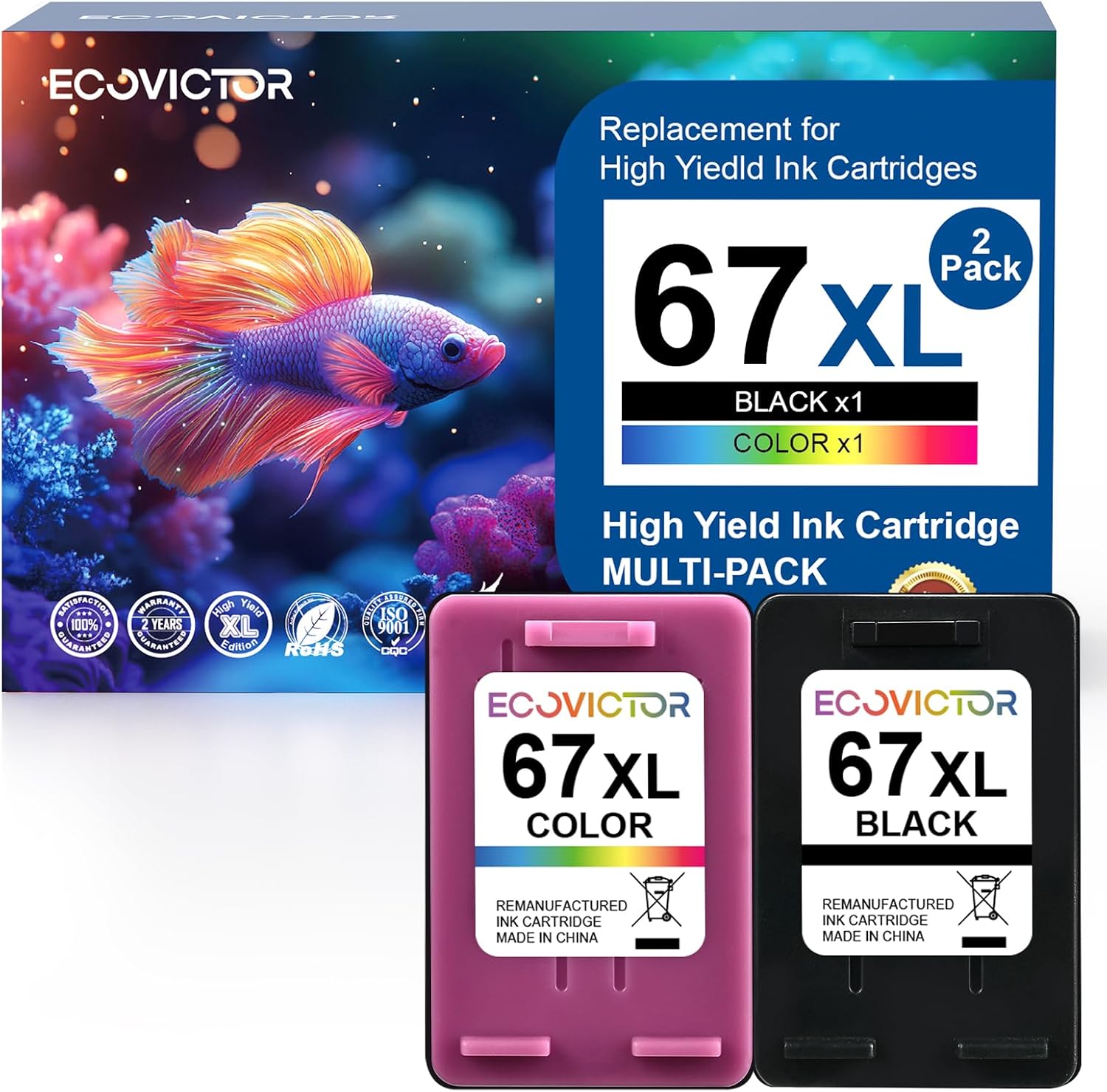 EcoVictor Remanufactured 67XL Ink Cartridge Replacement for HP Ink 67 XL Ink Cartridges Black/Color Combo Pack for HP DeskJet 4155e 4255e 2755e 2700 4100e 2800e Envy 6000 6055 6400 6055e 6455e Printer
