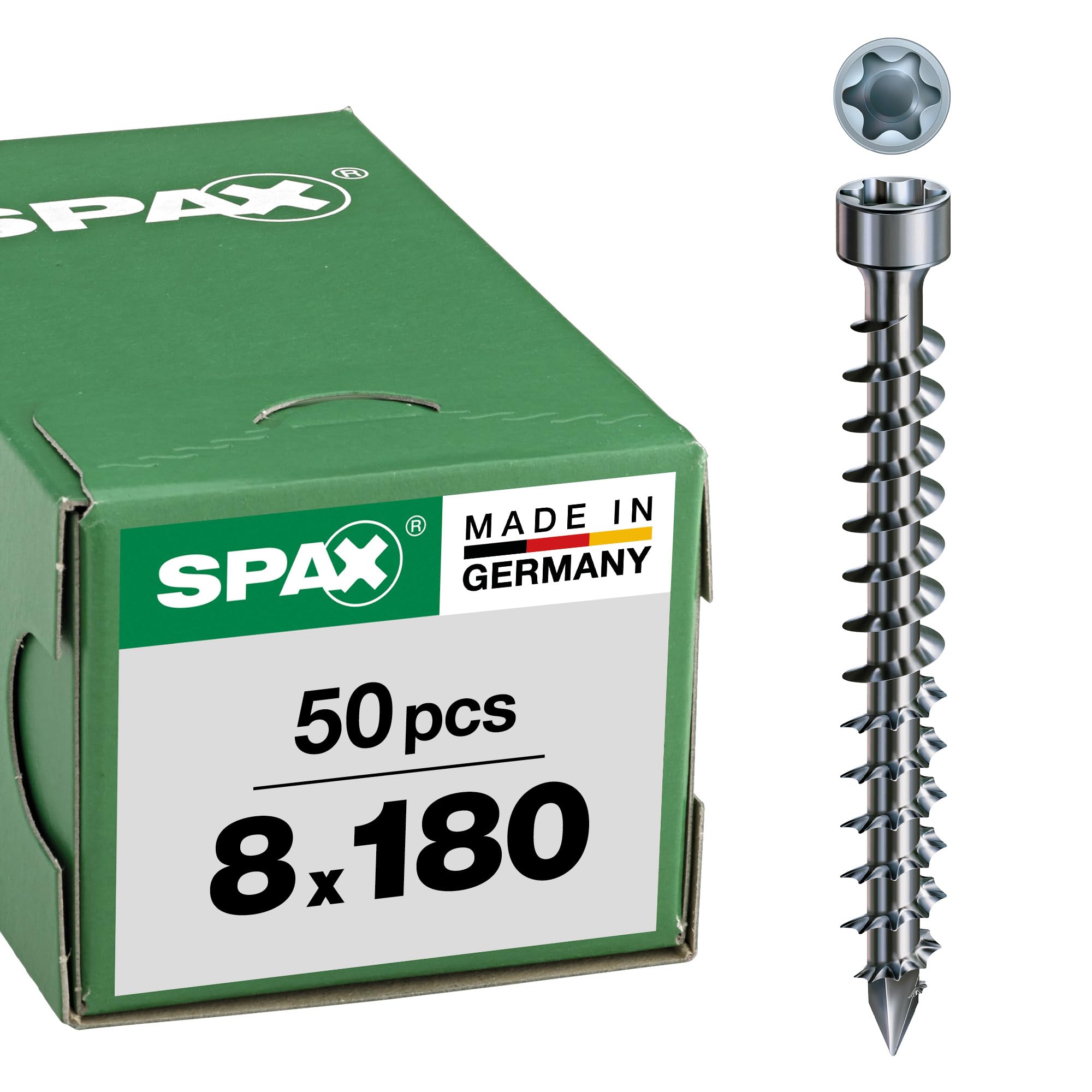 SPAX construction bois tête cylindrique, 8 x 180 mm, 50 pièces, filetage total,T-STAR plus T40, pointe CUT, WIROX - 1221010801805