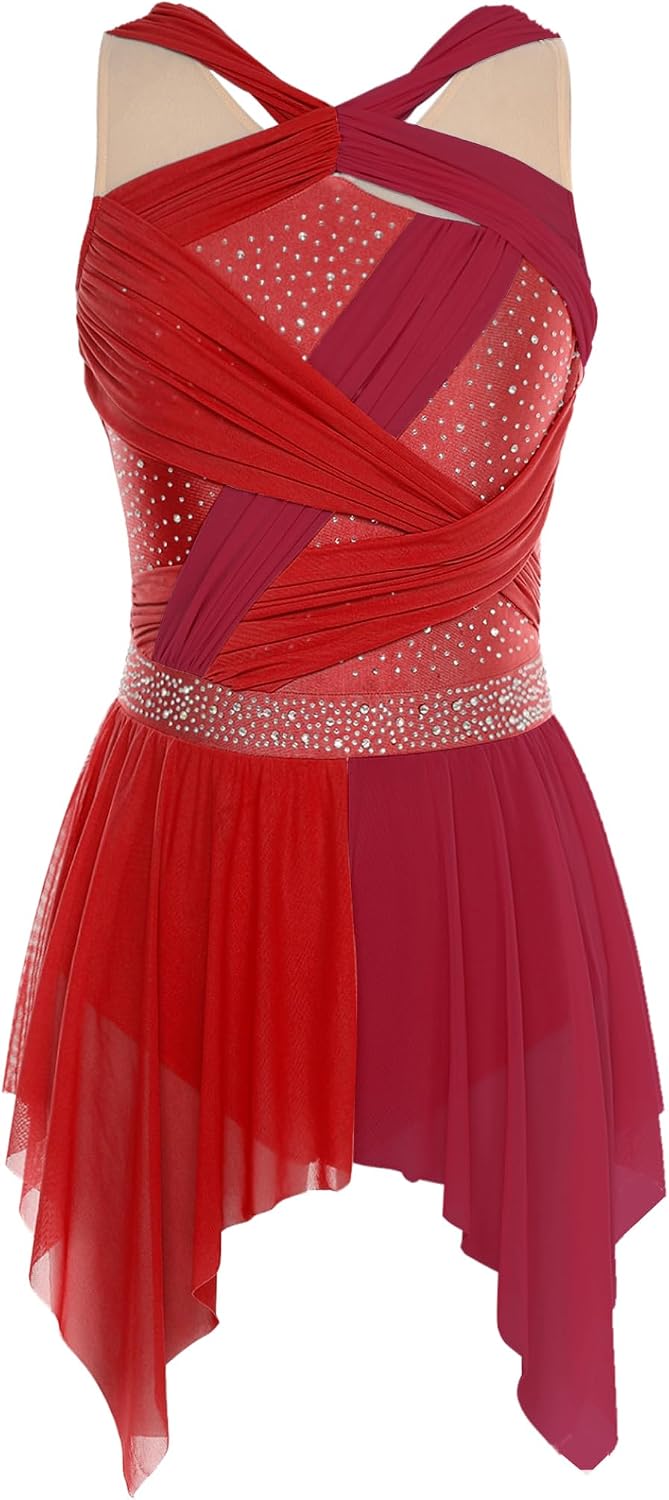 Womens Color Block Ruche Sleeveless Leotard Ballet Tutu Dress Lyrical Modern Contemporary Dance Costume