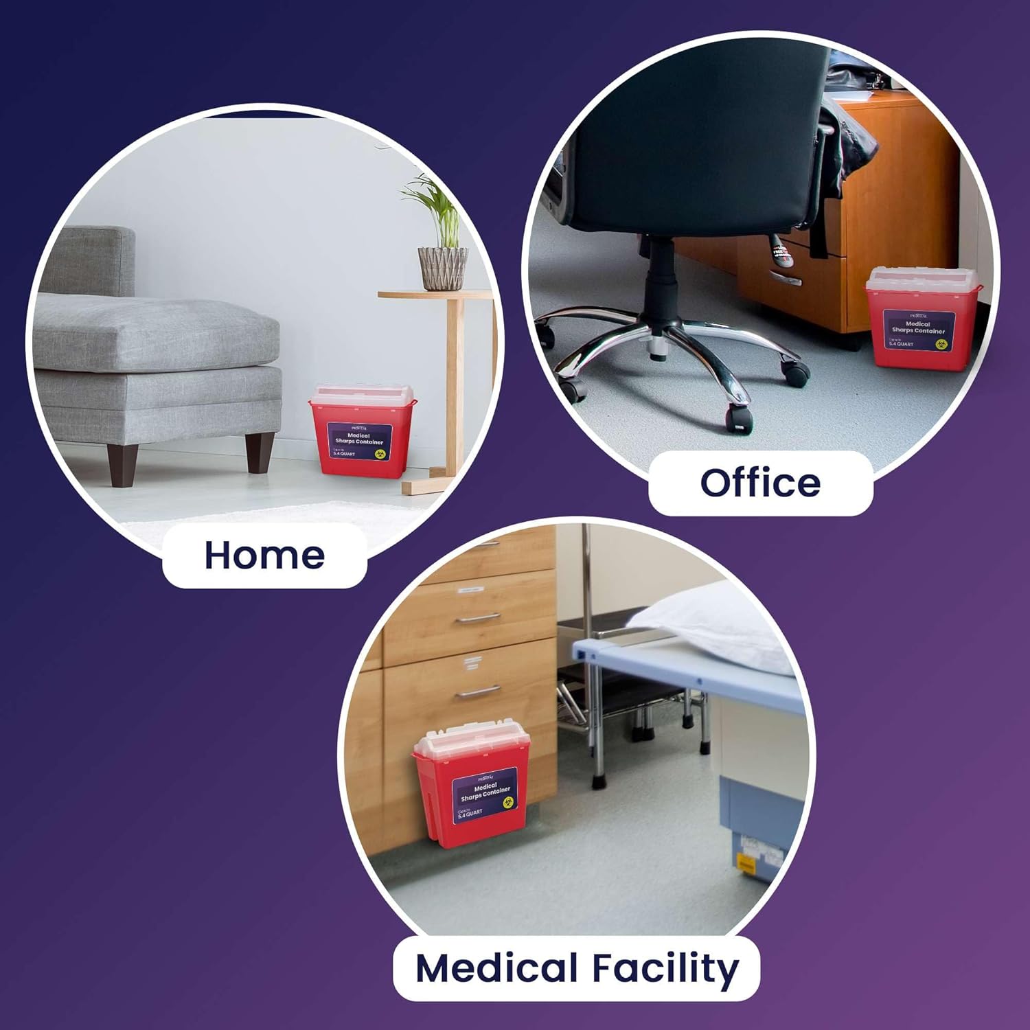 Large Sharps Containers for Home Use, 4 Pack - 5.4 Quart Needle Disposal Container for Diabetes Needles, Syringes, and Blades - Large Bin for Biohazard Medical Waste