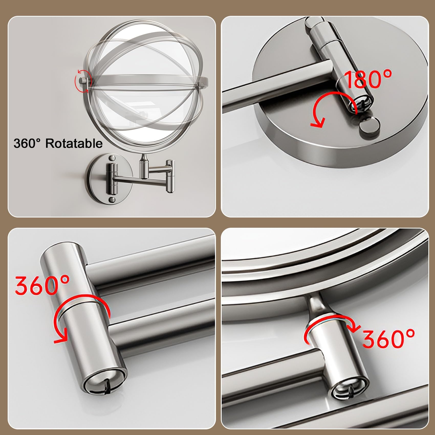 Specchio Trucco Da Parete Bifacciale 1x 3x Ingranditore 360° Girevole | Specchio Bagno con Braccio Estensibile, Vetro HD Antiappannamento e Cornice Alluminio per Rasatura(Argento,20cm/8in)