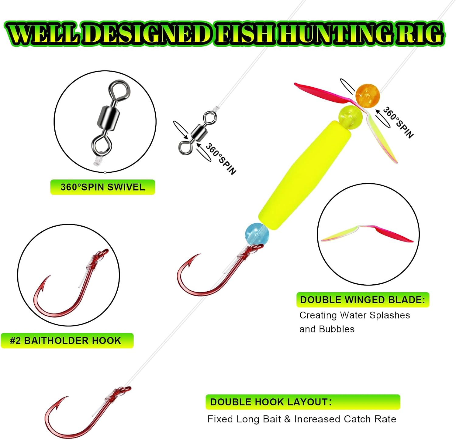 7 Pack Walleye Crawler Harness Rig, Dual-Wing Blade Spinner with Inline Float & Glow Beads, 25lb Pre-Tied Trolling Rig for Walleye Bass Trout