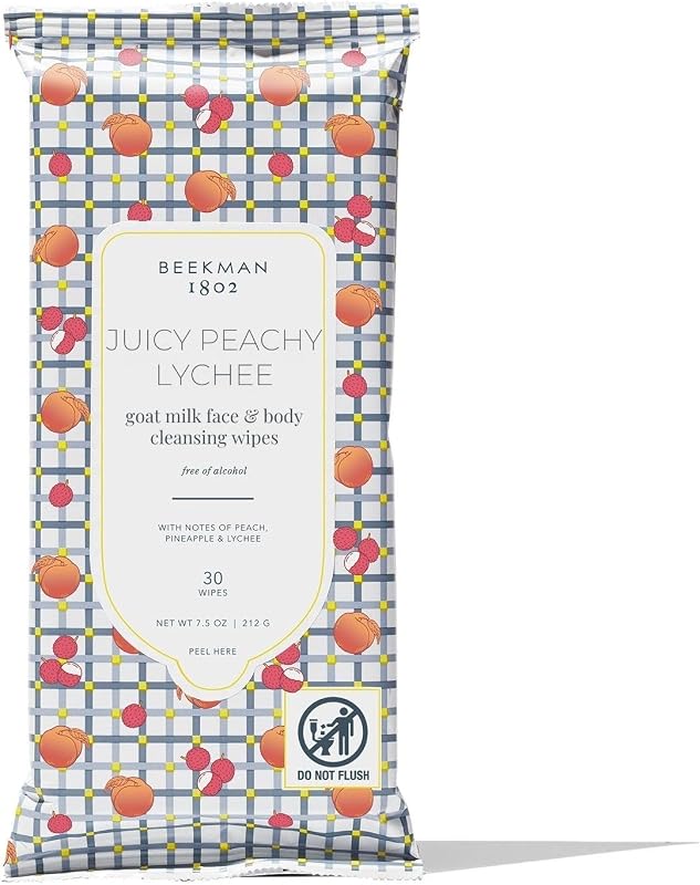 Lenços faciais Beekman 1802 com leite de cabra, Juicy Peachy Lychee, pacote com 30 unidades