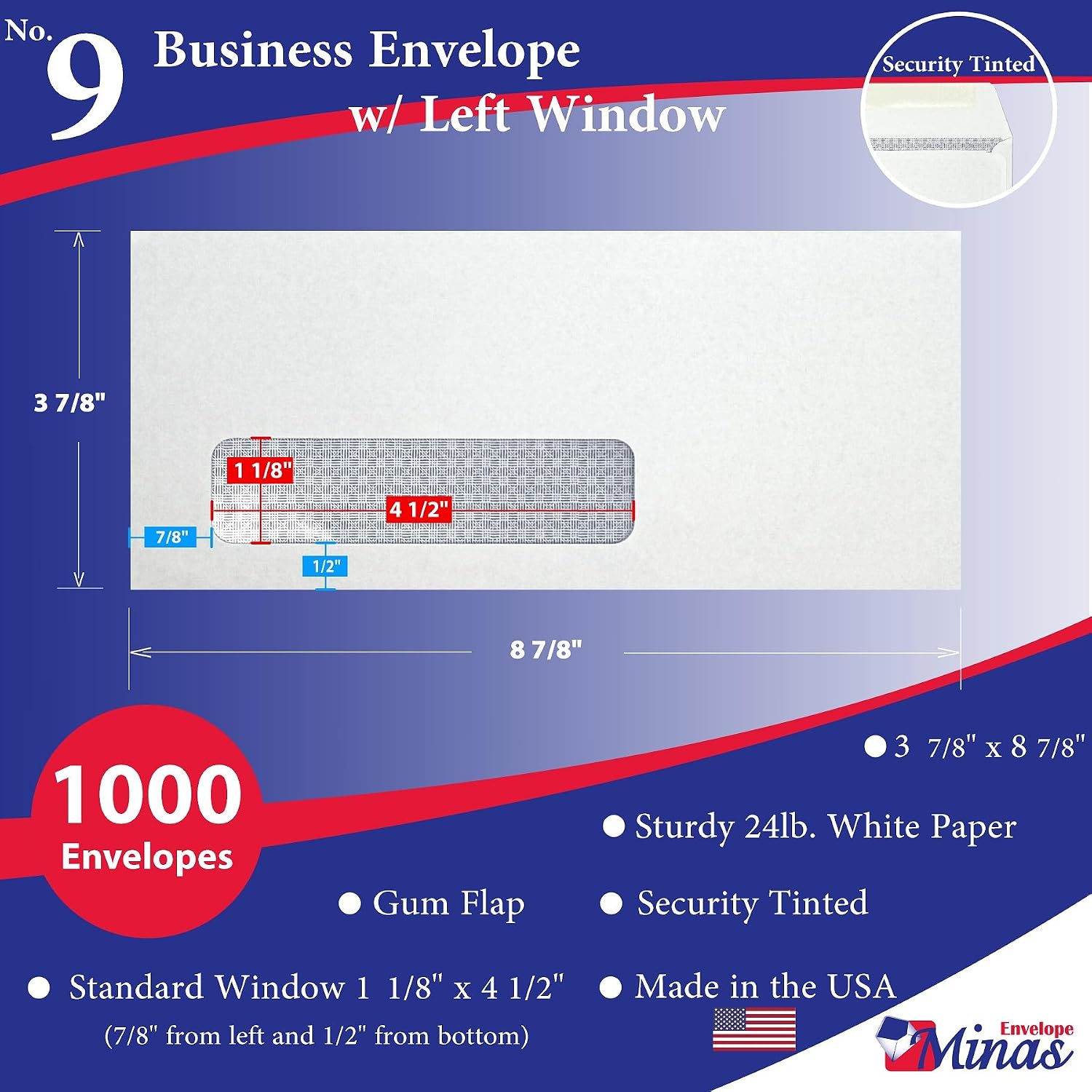 1000 Minas Envelope - No. 9 Business Envelopes, Left Window, 3 7/8 x 8 7/8 Inches, 24lb White Paper with Blue Tint, Security Gum Flap, 500 Count, Made in USA, 1000 Count
