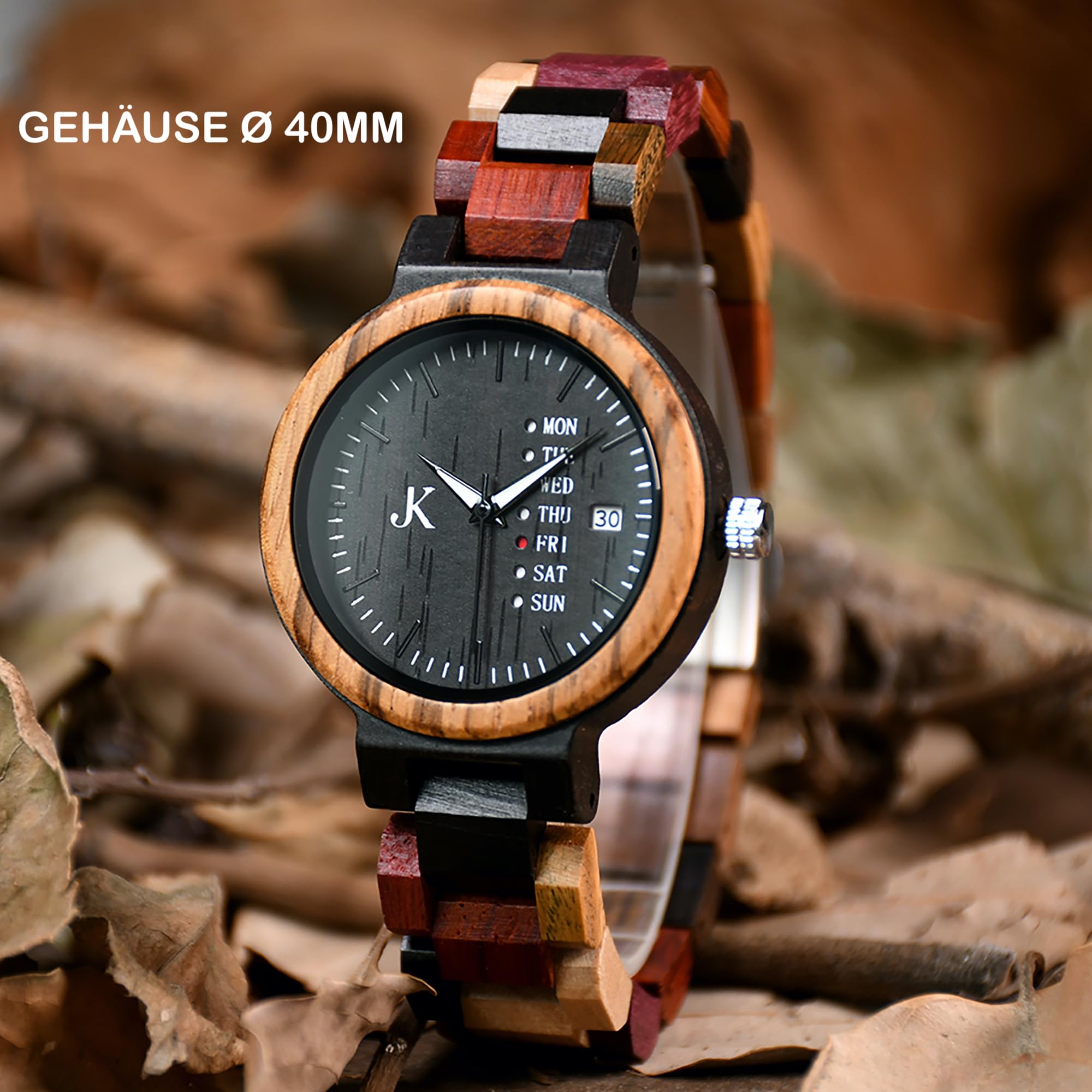 KIM JOHANSON® Holz-Edelstahl Armbanduhr *Week* für Damen und Herren | Mit Datum- & Tagesanzeige | Handgefertigt | Quarz | Analog Uhr | Vegan | Geschenk | Silber | Verstellbares Armband | Inkl Uhrenbox