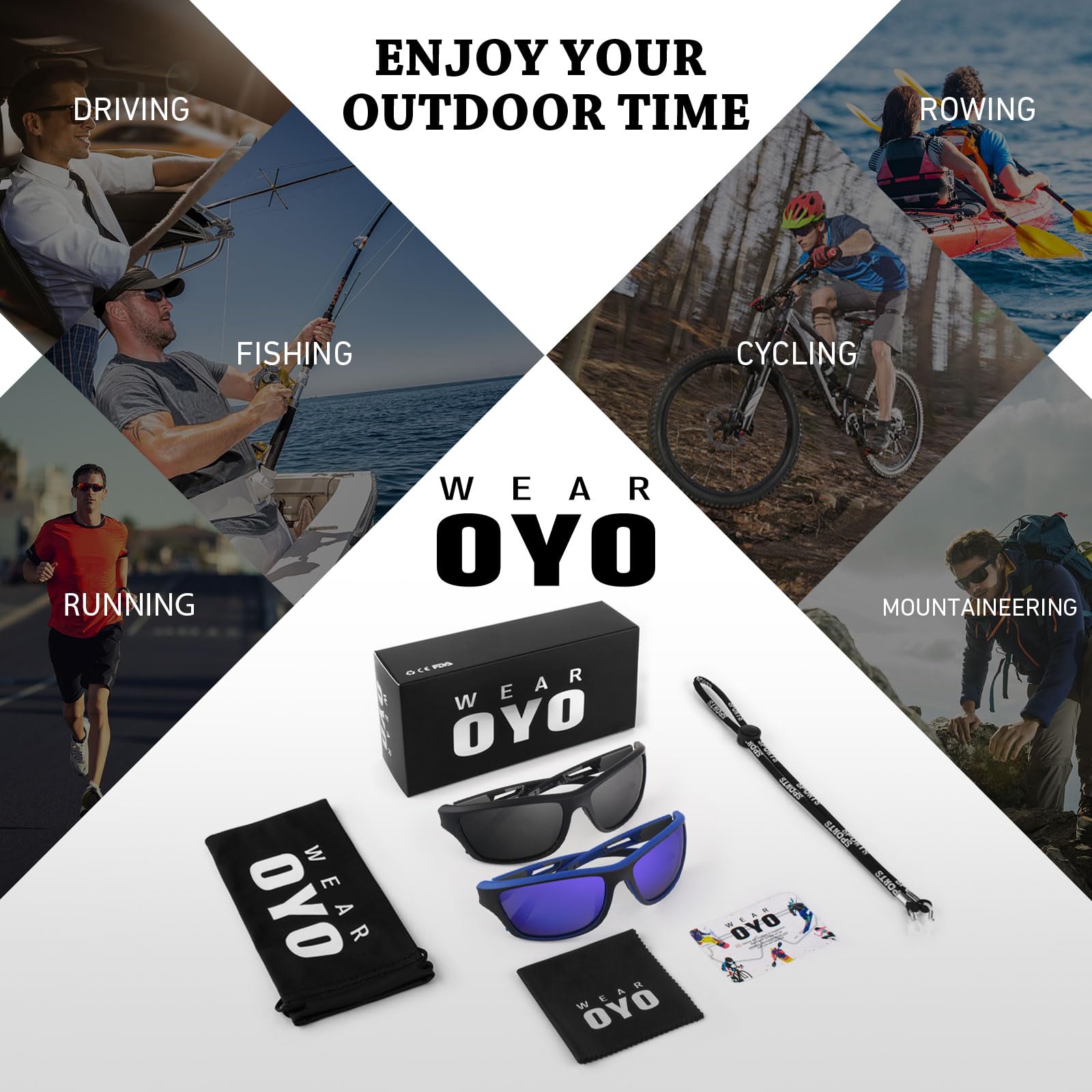 Gafas de sol polarizadas para hombres y mujeres, gafas rectangulares de conducción de pesca, protección UV400, Marco negro/lente ahumado + marco negro/lente espejo azul oscuro, Medium