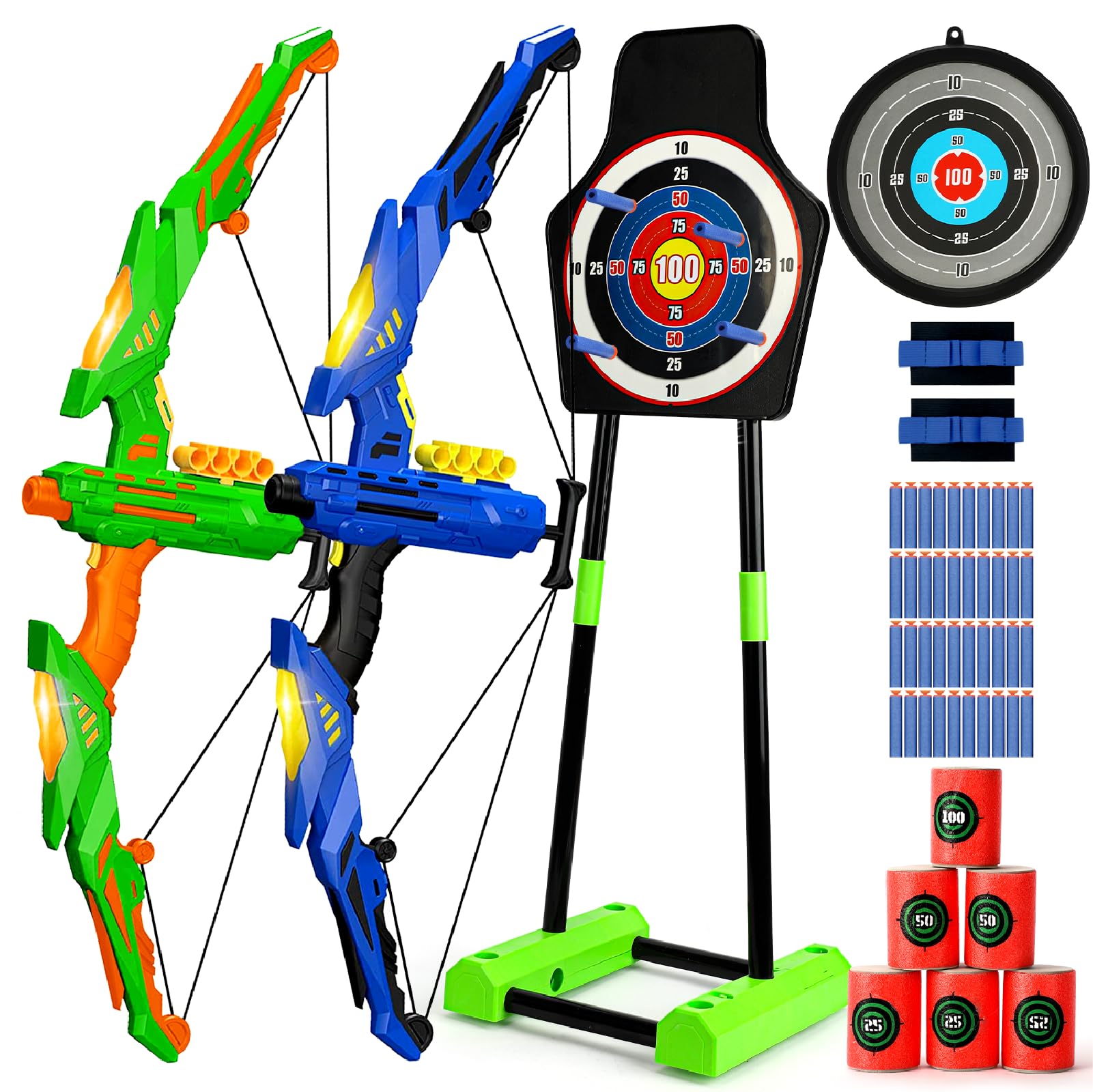 TOY Life 2 Pack Bow and Arrow for Kids 4 6 8 12 14 Years Old, Outside Outdoor Toys Games for Kids, Kids Bow and Arrow Set with LED Lights, Archery Set with Standing/Movable Target and 40 Foam Darts