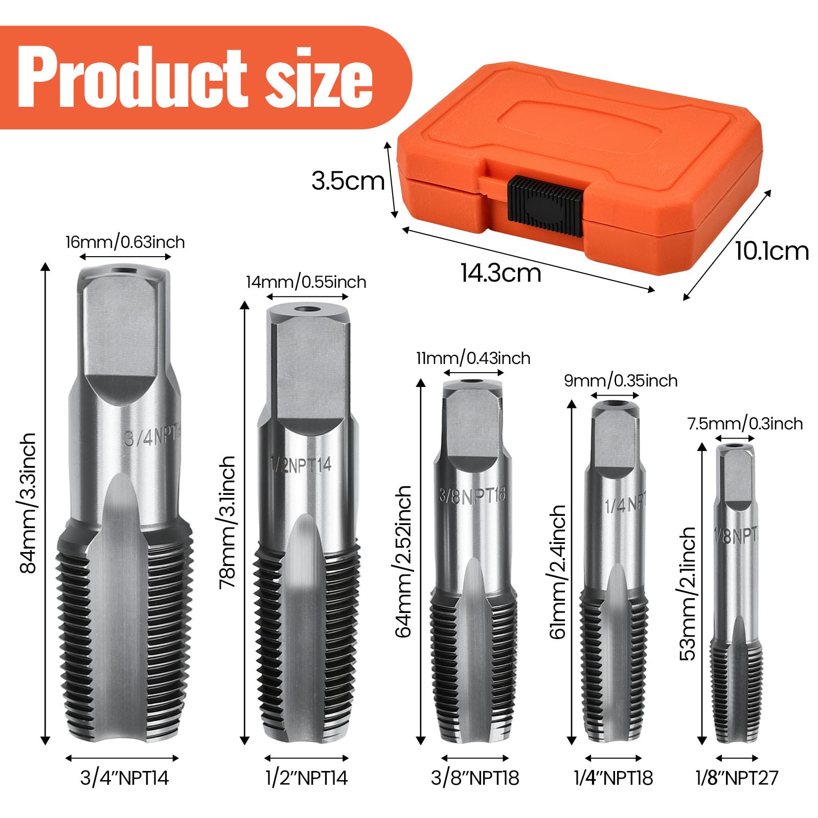 Tarauds à Fileter | Taraud NPT | Jeu de 5 Tarauds à Tuyauterie Acier au Carbone | 1/8" 1/4" 3/8" 1/2" 3/4" | pour Filetage Gaz Plomberie Mécanique