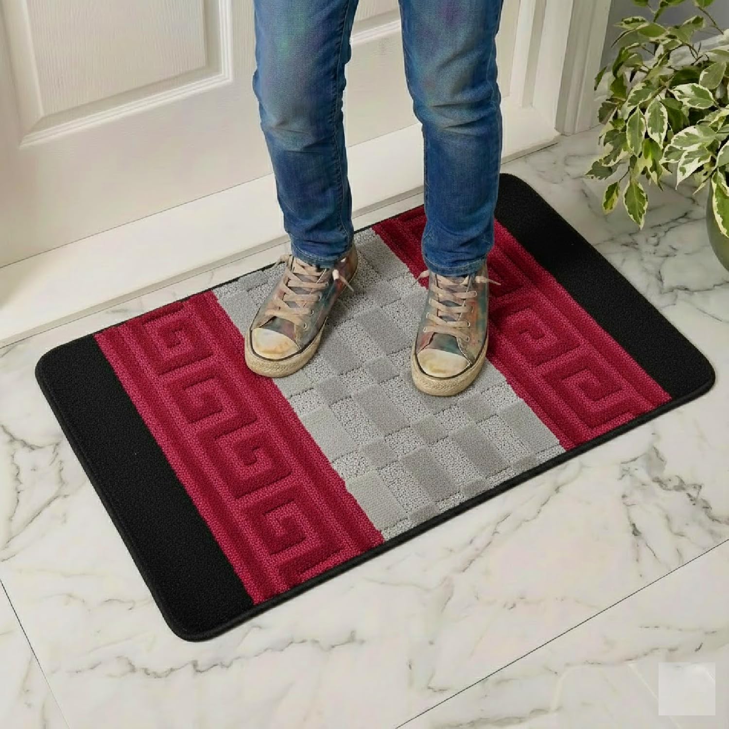 PHP Gel Back Non-Slip Washable Large Entrance Doormat |60 x 110 cm Outdoor and Indoor Dog Muddy Paws Floor Protector, Hallway, Bath and Kitchen - Black Red