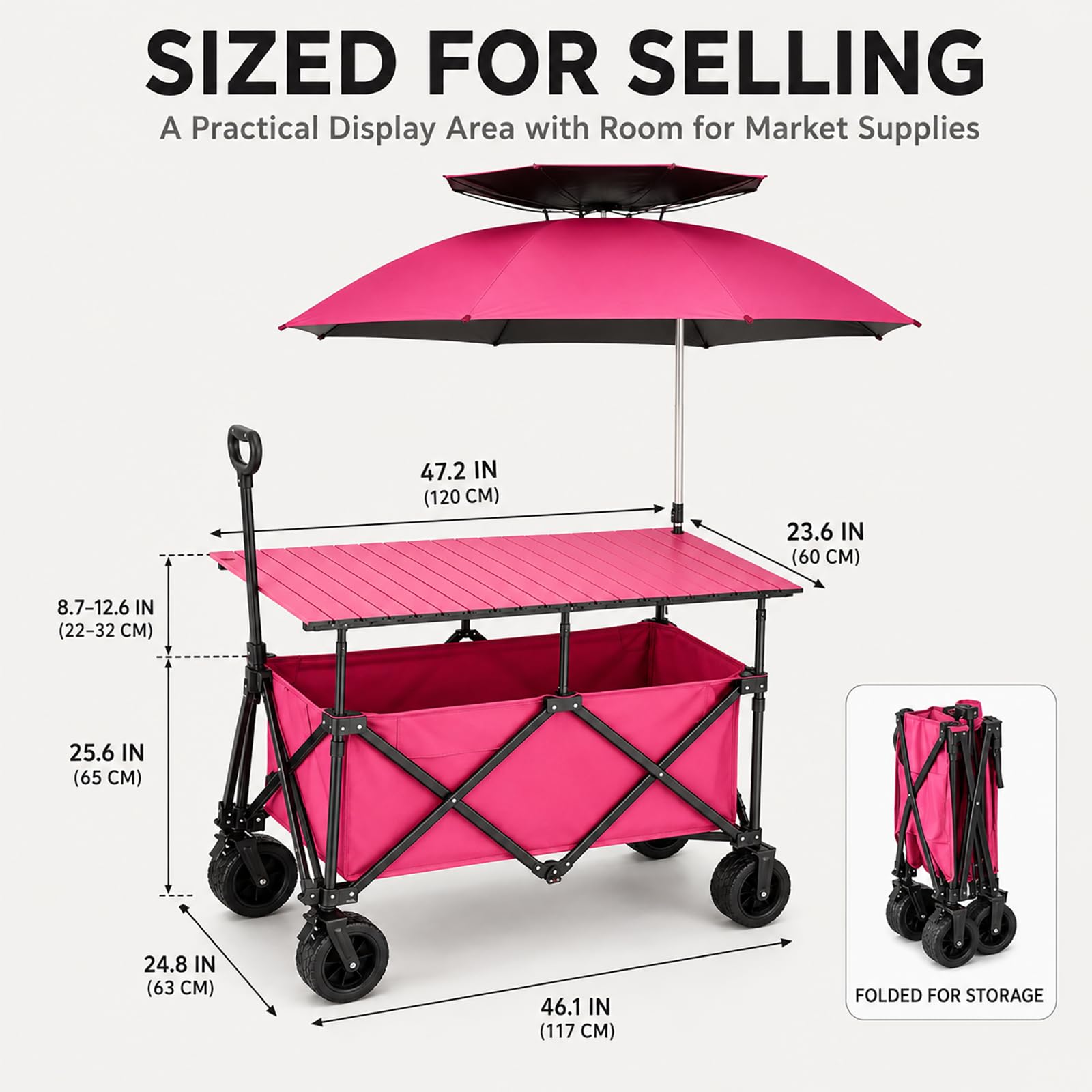 Carrello da Vendita Pieghevole con Tavolo e Ombrellone per Mercatini | Vano da Circa 220 L, Ruote Piroettanti con Freno per Eventi all’Aperto(blue)