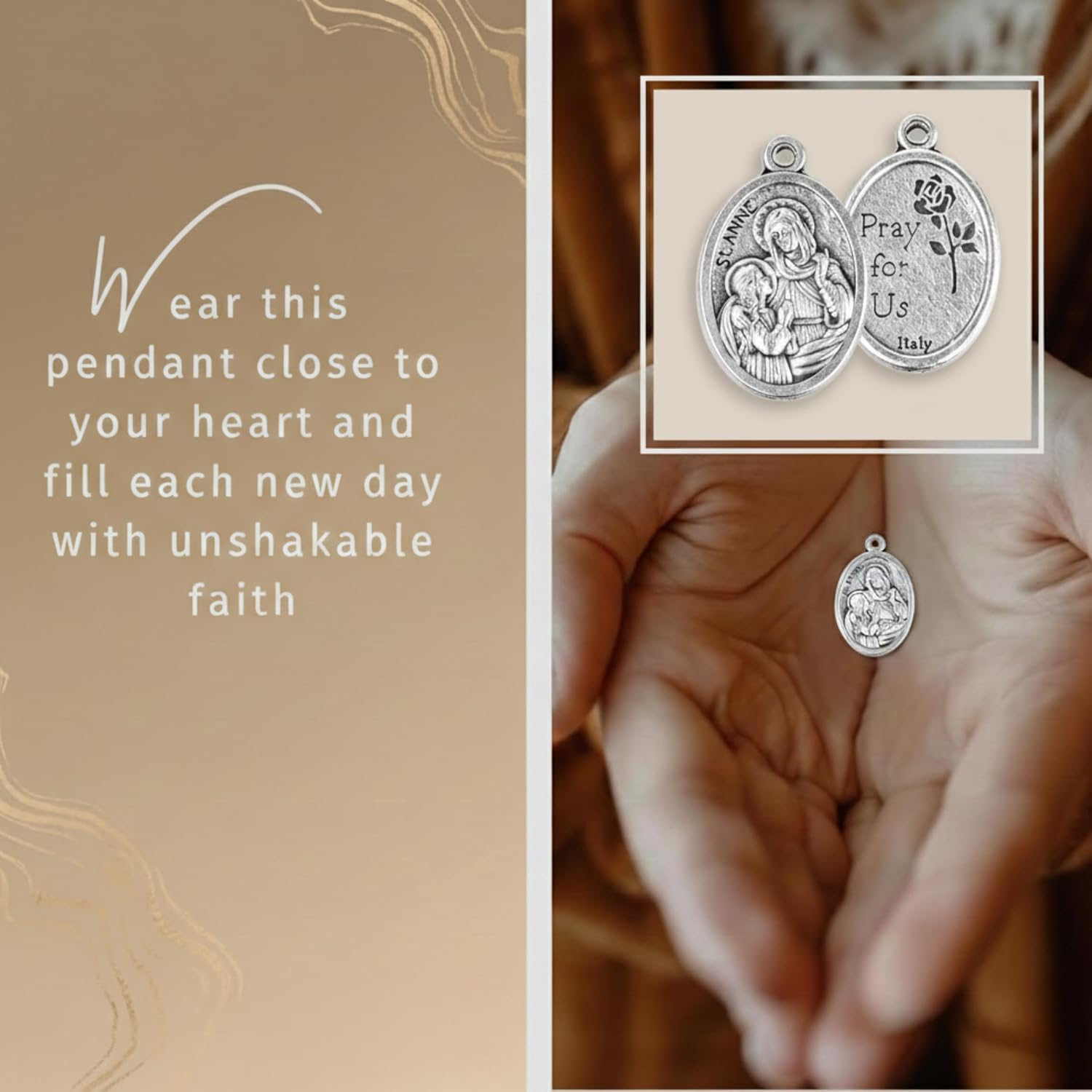 Trendzeen St Anne Medal - 1" Oval Saint Anne Medal, Laminated St Anne Holy Card, The Lord’s Prayer Card - Catholic Set of Made in Italy Cards, St Anne Medal for Woman or Man - Total 3 Items