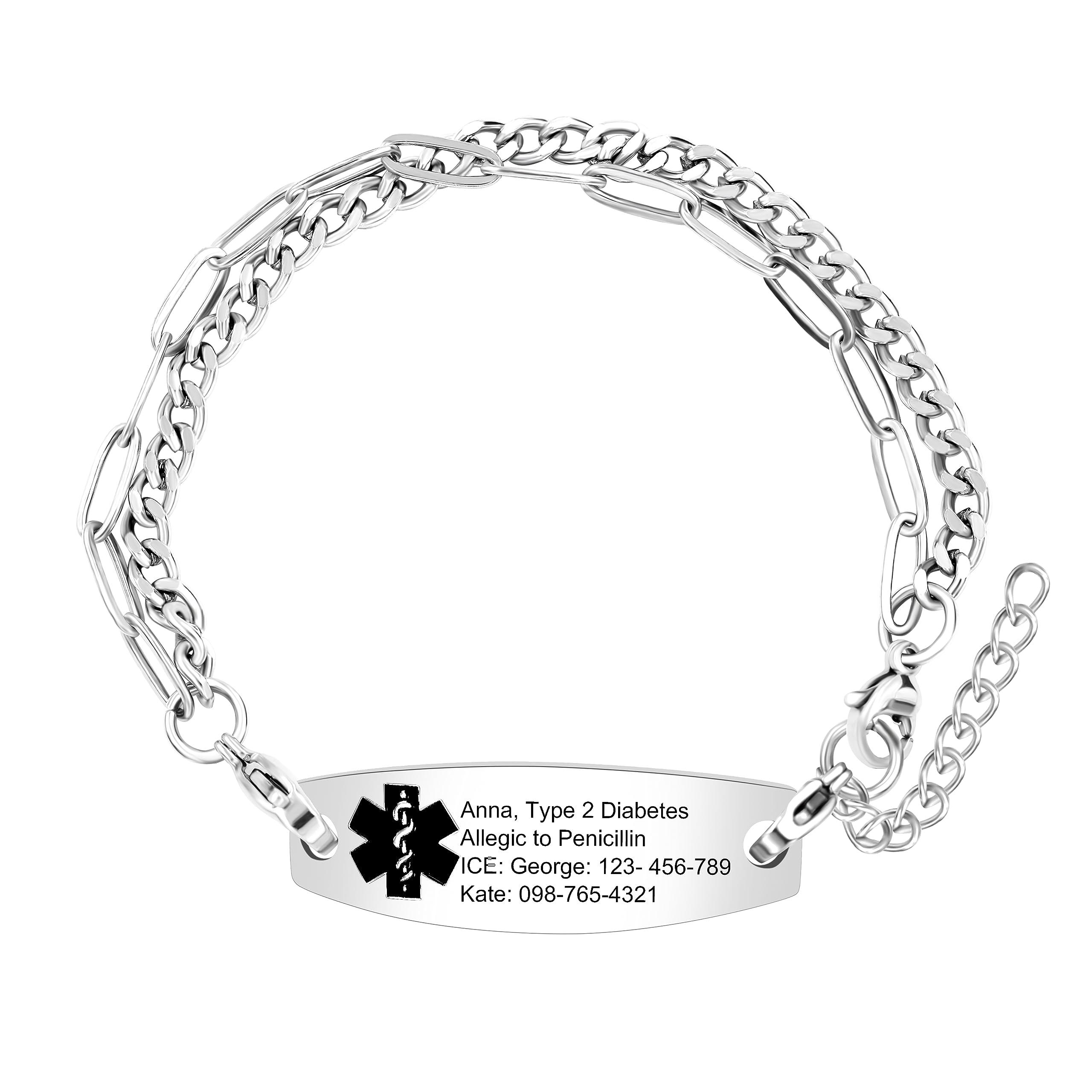 Uloveido Personalized Emergency Medical Alert Bracelet - Adjustable Two Layers Link Chain Bracelet for Women and Men