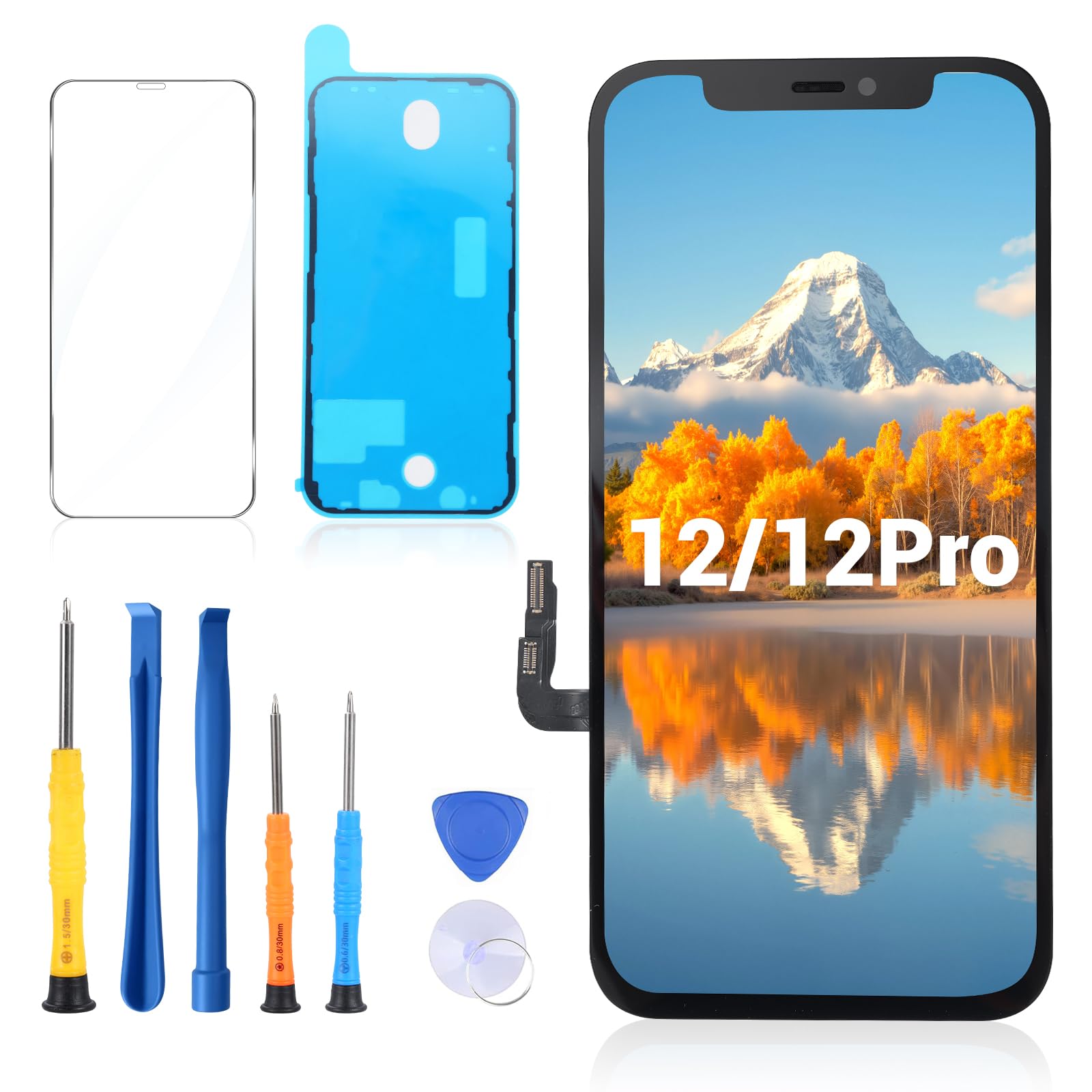 Für iPhone 12/12 Pro Display Ersatz Set 6,1 Zoll 3D Touch Bildschirm mit Rahmen Digitizer inkl. Reparatur Werkzeug & Displayschutz(Modelle A2172, A2402, A2404, A2403, A2341, A2406, A2408, A2407)