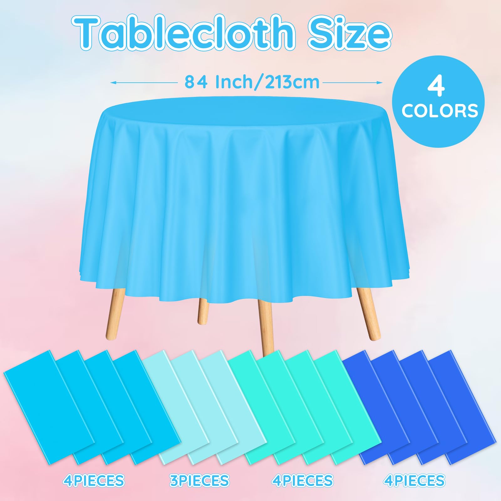 PLULON 15Pcs Blue Round Tablecloth Plastic Table Cover 84 Inch Round Table Cloth for Birthday Baby Shower Wedding Color Party Home Kitchen Dining Table Decorations(Round, Blue Series)