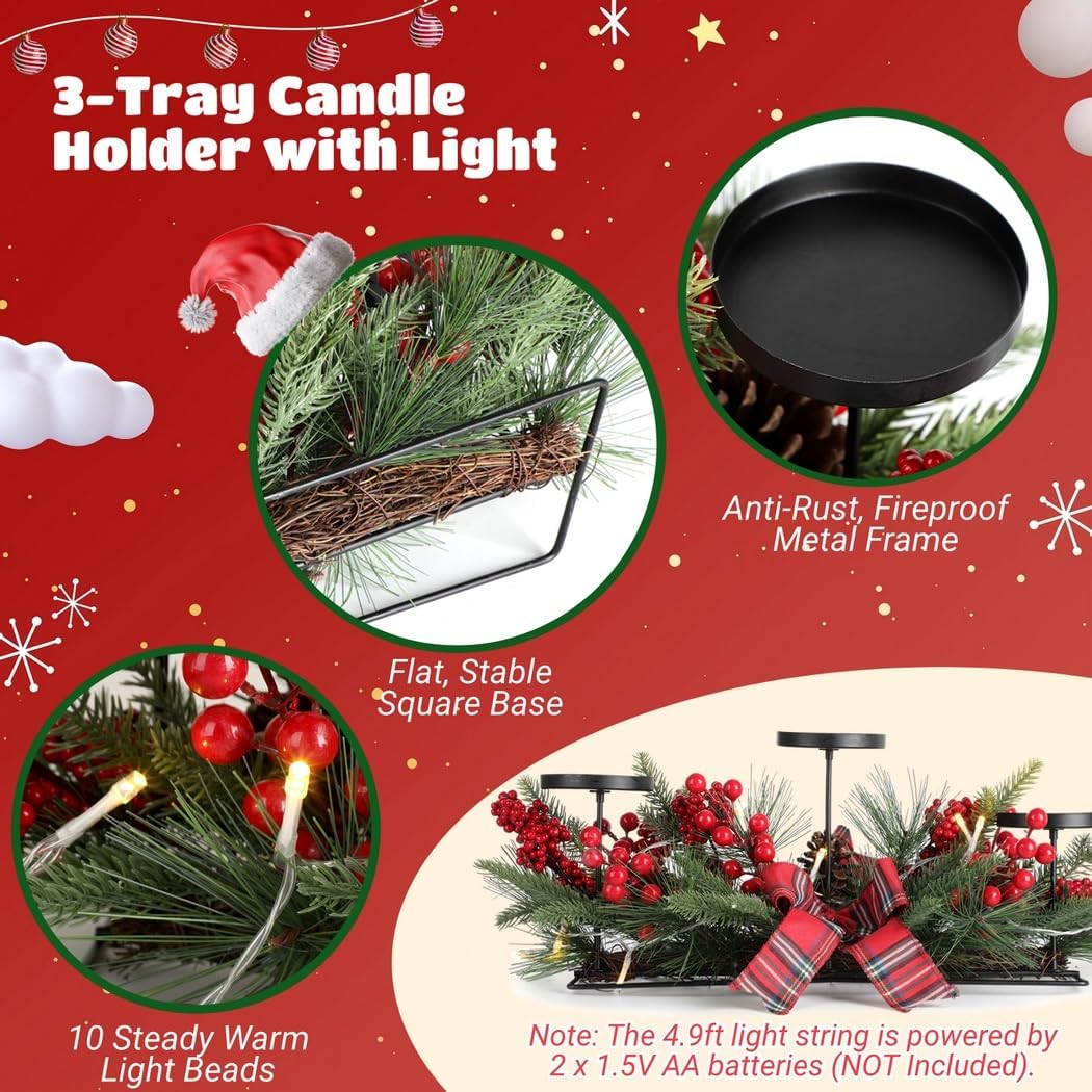 Warm White Light String & 8 Pcs Table Centerpieces Red Berries Ribbon Bows 3 in 1 Candle Holder with Christmas Candle Holder, Santa Claus Xmas Honeycomb Centerpieces, Home Christmas Decorations
