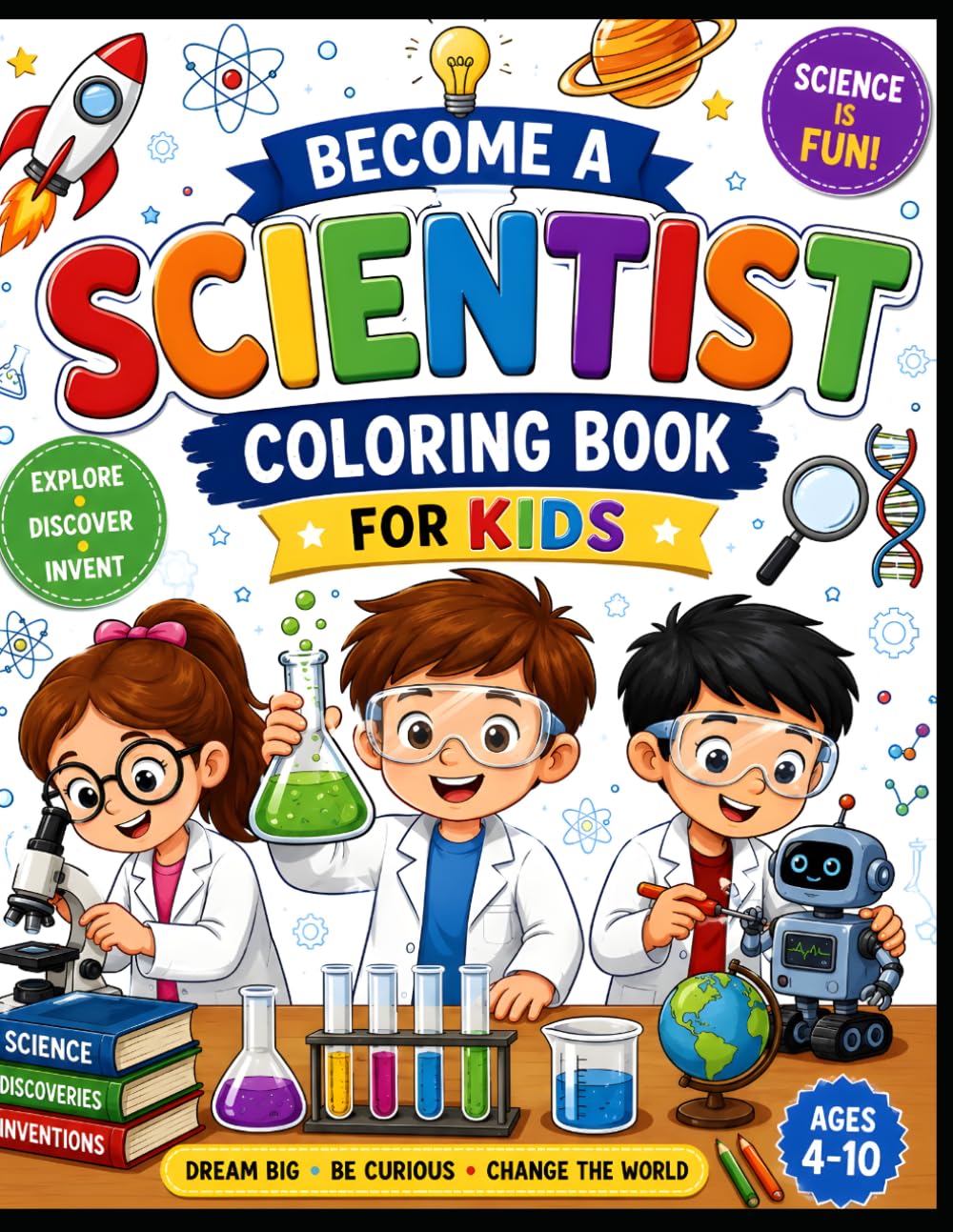 Become a Scientist Coloring Book for Kids: Fun STEM, Space, Robot & Science Experiment Coloring Pages for Ages 4–10