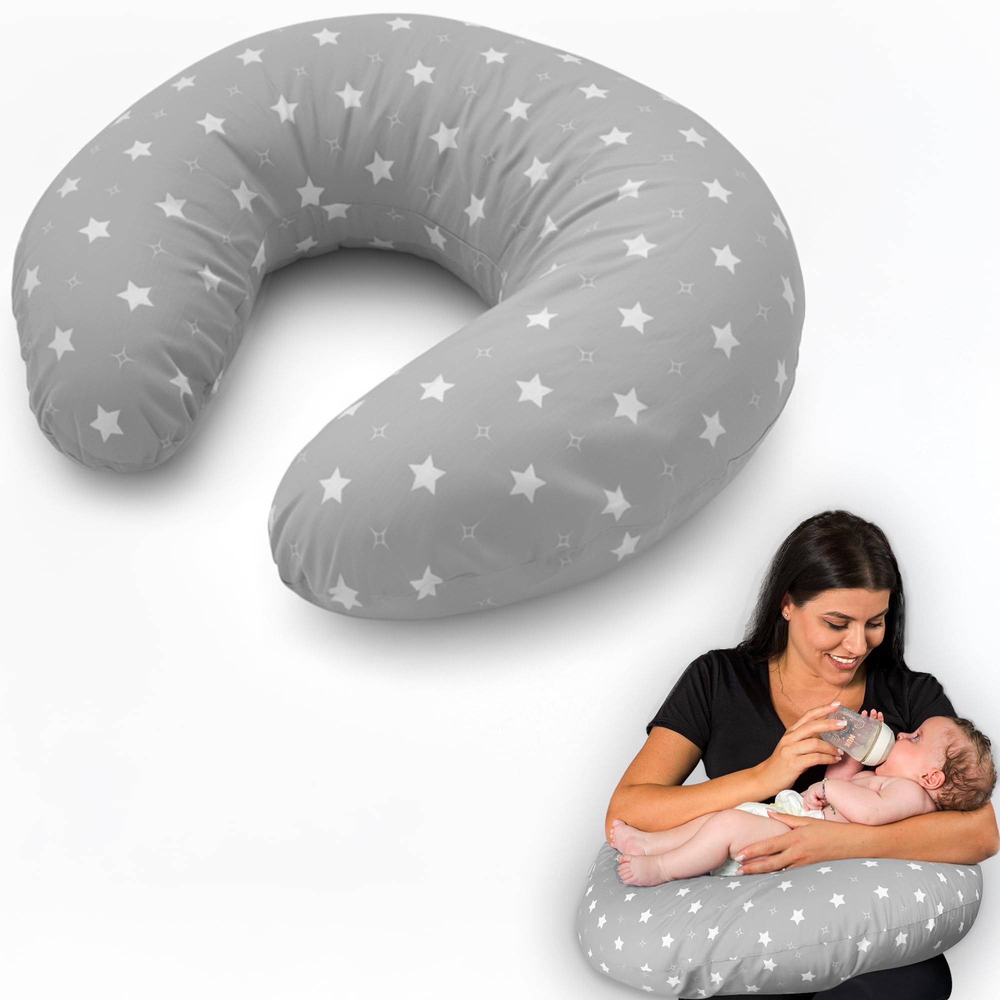 Cuscino Allattamento e Gravidanza Ciambella Allattamento Neonato con Federa in 100% Cotone e Morbido Riempimento Supporto Ergonomico alla Schiena Idea Regalo per Neo Mamme Accessorio Premaman Lavabile