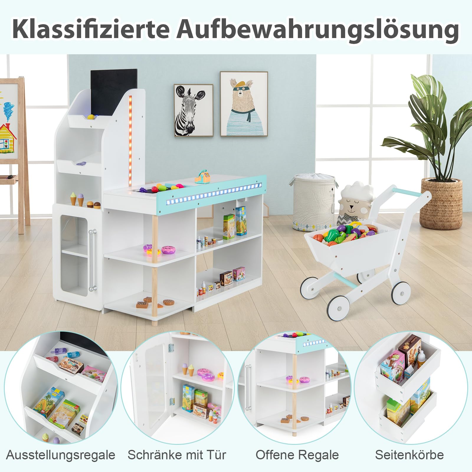 COSTWAY Kaufladen Kinder mit Einkaufswagen, Einkaufsladen Holz mit Kasse & 39 Zubehör & Tafel & LED-Lichter & Fernbedienung, Supermarkt Spielzeug für Kinder ab 3 Jahren