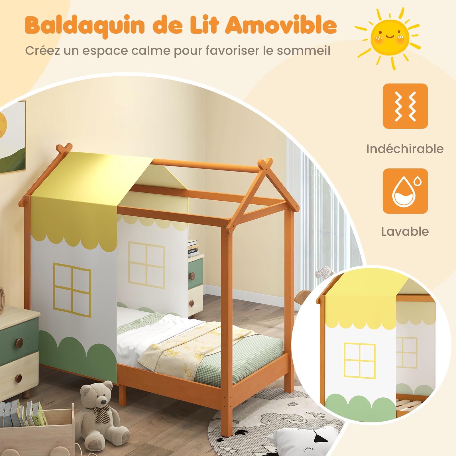 GOPLUS Lit Cabane Enfant 141x72CM, Lit à Baldaquin Enfants, Cadre de Lit Enfant Forme de Maison pour Bébés, Charge 100KG,pour Enfants 1-7 Ans