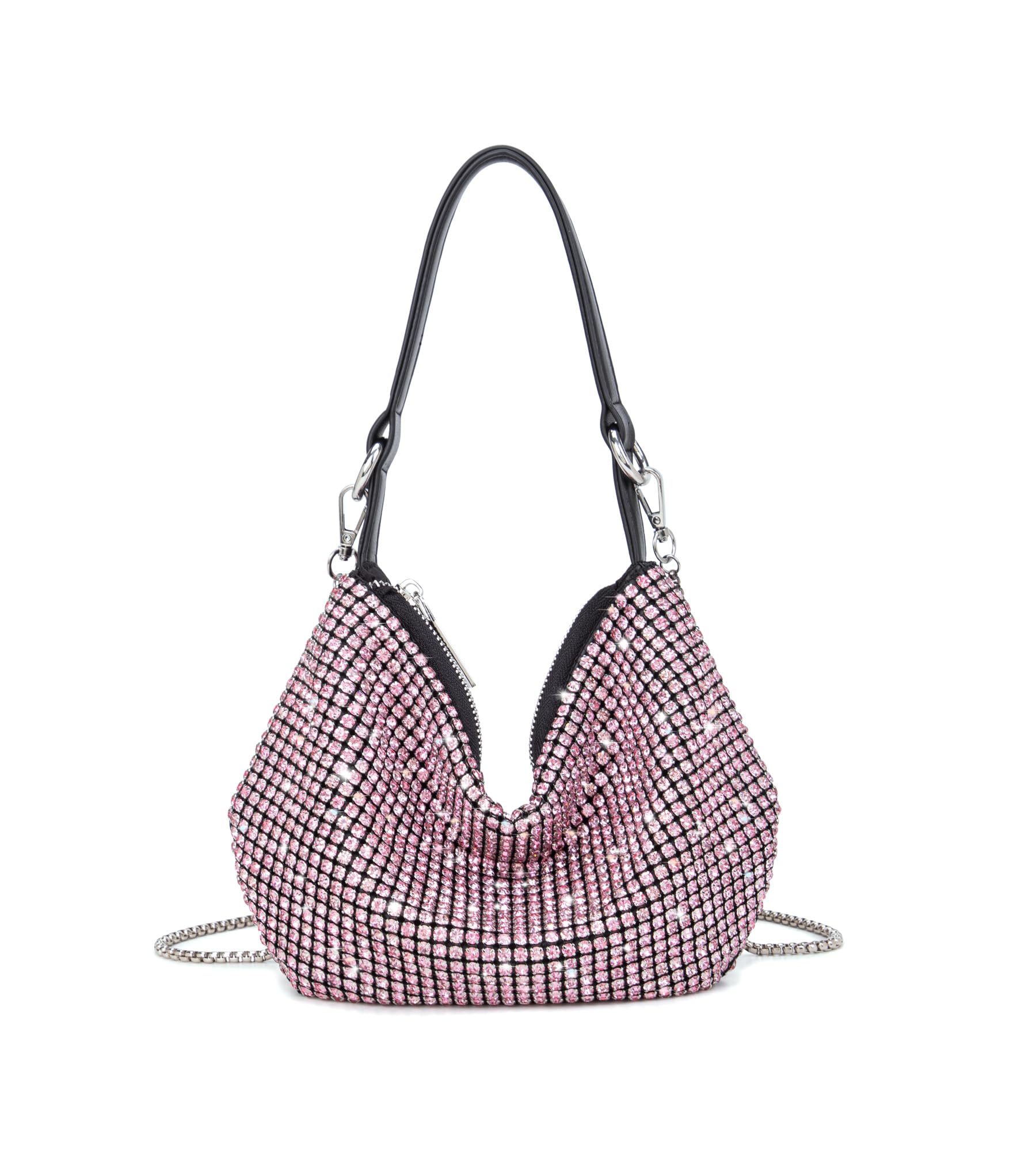 SweetovoWomen Sparkly Rhinestone Purse Tassel Crystal Diamond Crossbody Bag Silver Chain Clutch for Evening Prom Party