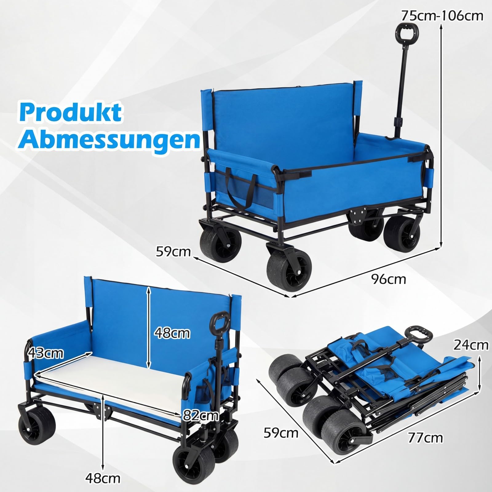 COSTWAY 2 in 1 Bollerwagen faltbar mit Sitzbank, Strandwagen mit verstellbarem Griff, Kissen & Seitentaschen, Handwagen bis 80 kg Belastbar, Gartenwagen Transportwagen für Camping, Einkaufen (Blau)